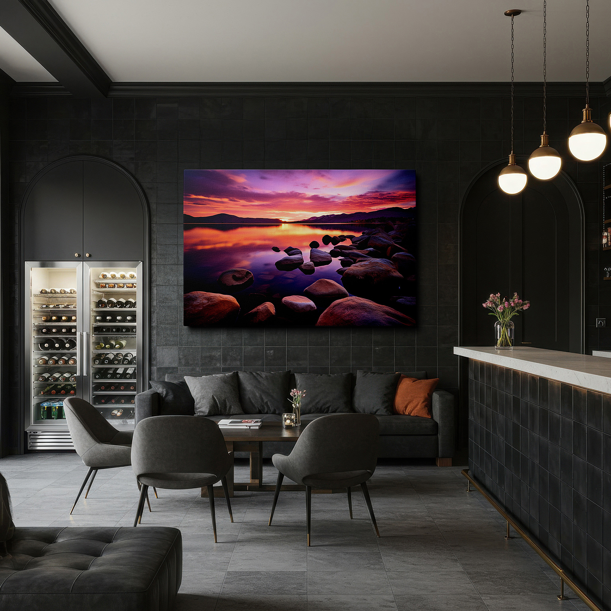 Hung in a cozy reading nook beside a floor lamp and bookshelf — twilight serenity - a symphony of sky and water in tranquil hues: large canvas wall art for office and bedroom decor