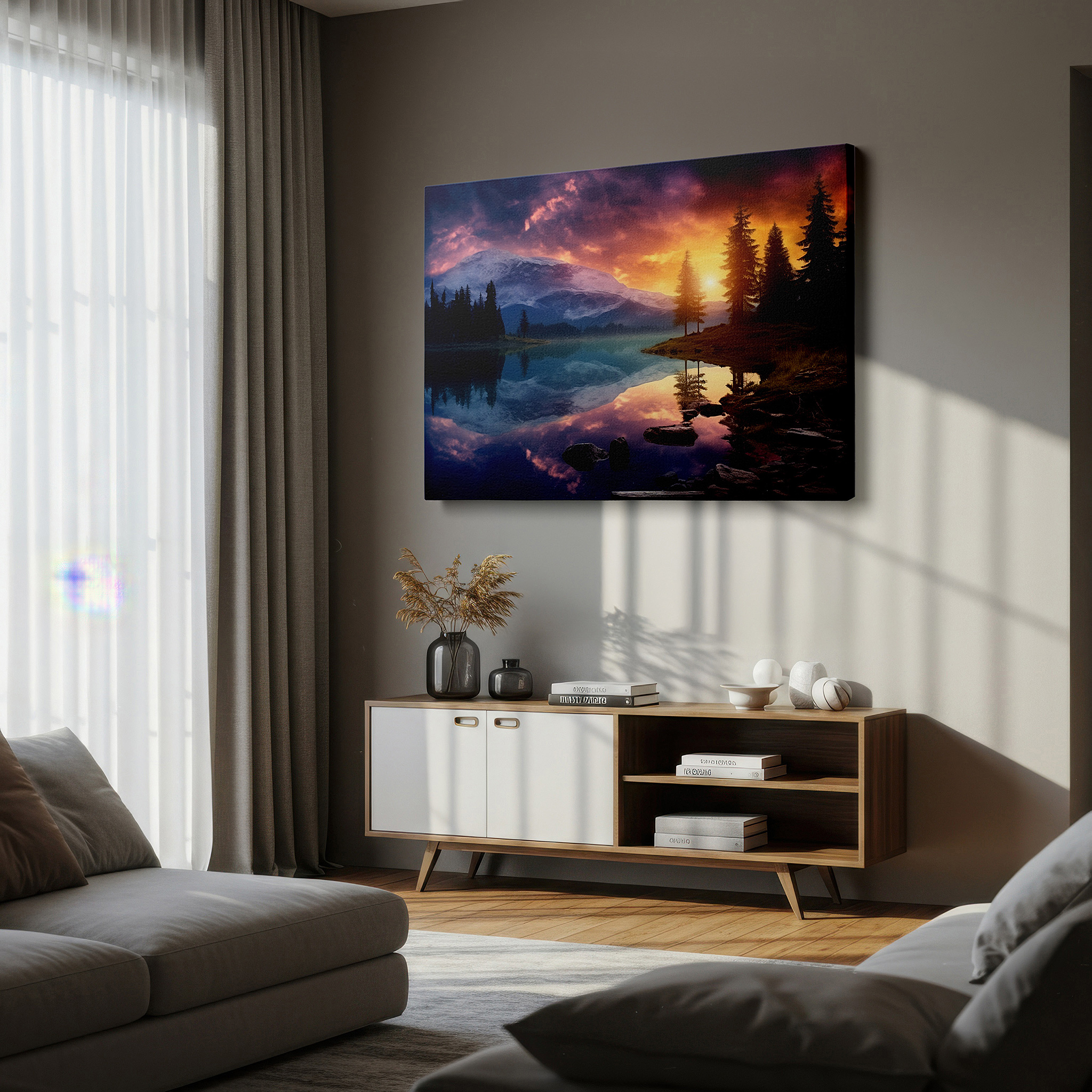 Hung in a cozy reading nook beside a floor lamp and bookshelf — twilight tapestry wall art featuring serene lake reflections, majestic trees, and vibrant orange and purple hues - large canvas wall art