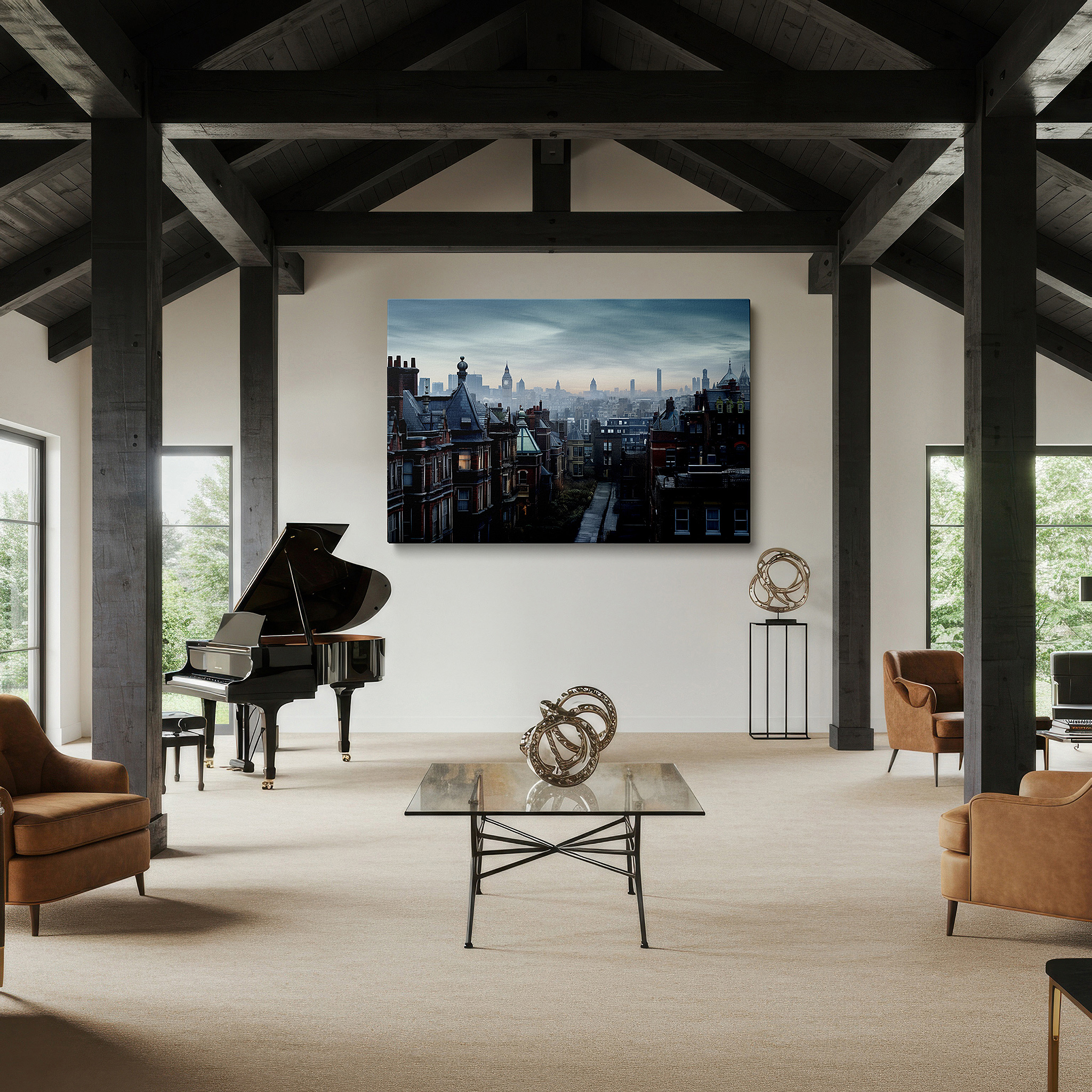 Hung in a cozy reading nook beside a floor lamp and bookshelf — urban dusk: solitude and reflection cityscape - large wall art, canvas, decor for office, bedroom, and living spaces