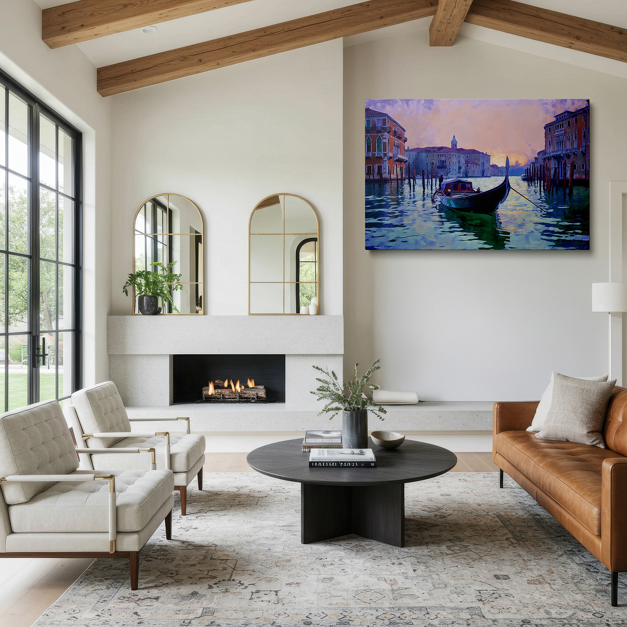 Hung in a cozy reading nook beside a floor lamp and bookshelf — venetian sunset and serene gondola ride through historic canals large canvas wall art for office and bedroom decor