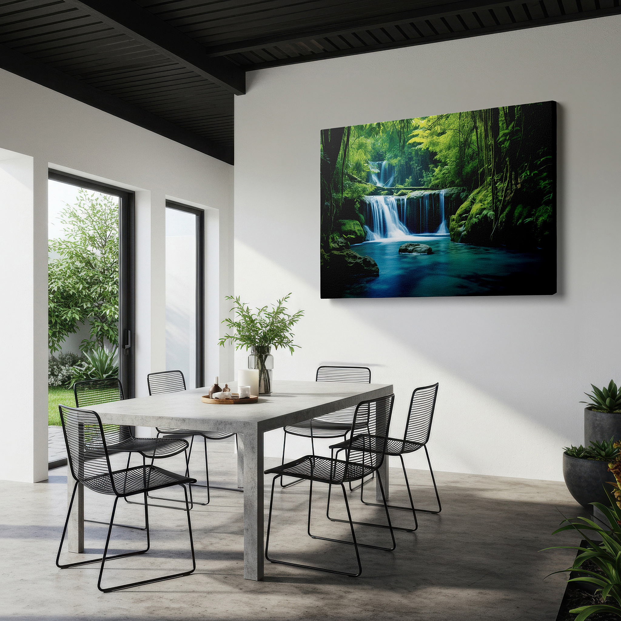 Hung in a cozy reading nook beside a floor lamp and bookshelf — verdant forest sanctuary canvas wall art featuring cascading waterfalls and tranquil pool, ideal for office and bedroom decor