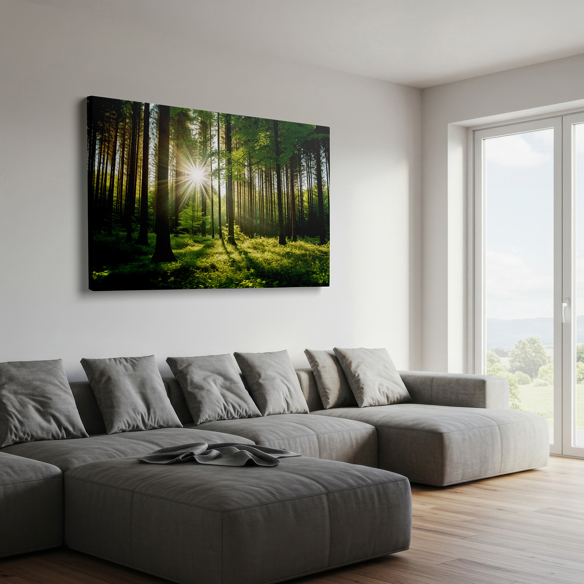 Hung in a cozy reading nook beside a floor lamp and bookshelf — verdant forest sanctuary wall art: embrace the serenity of nature with large canvas prints for home and office decor
