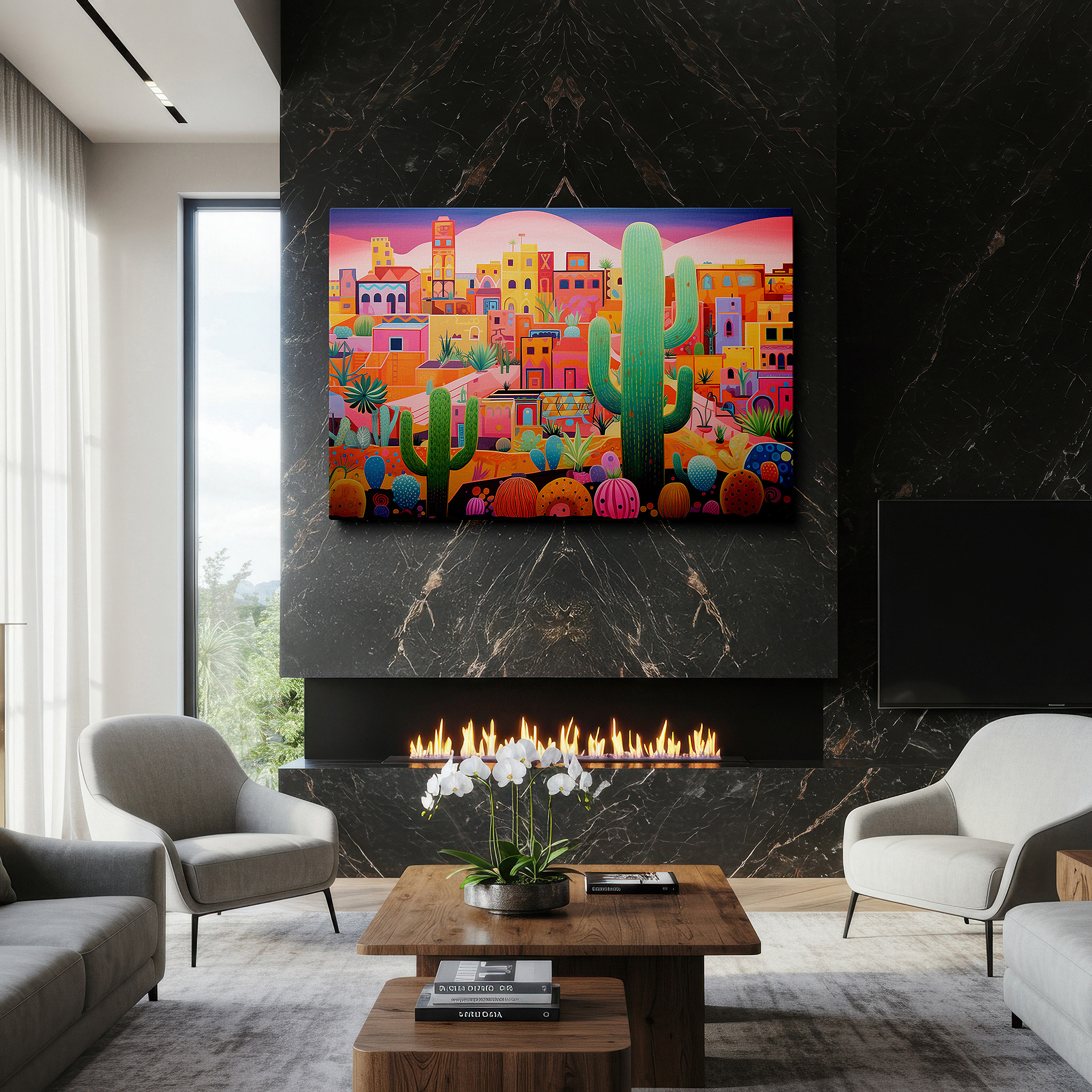 Hung in a cozy reading nook beside a floor lamp and bookshelf — vibrant desert town surrounded by towering cacti: a cultural mosaic and resilient life - large wall art, canvas wall art, wall decor for office