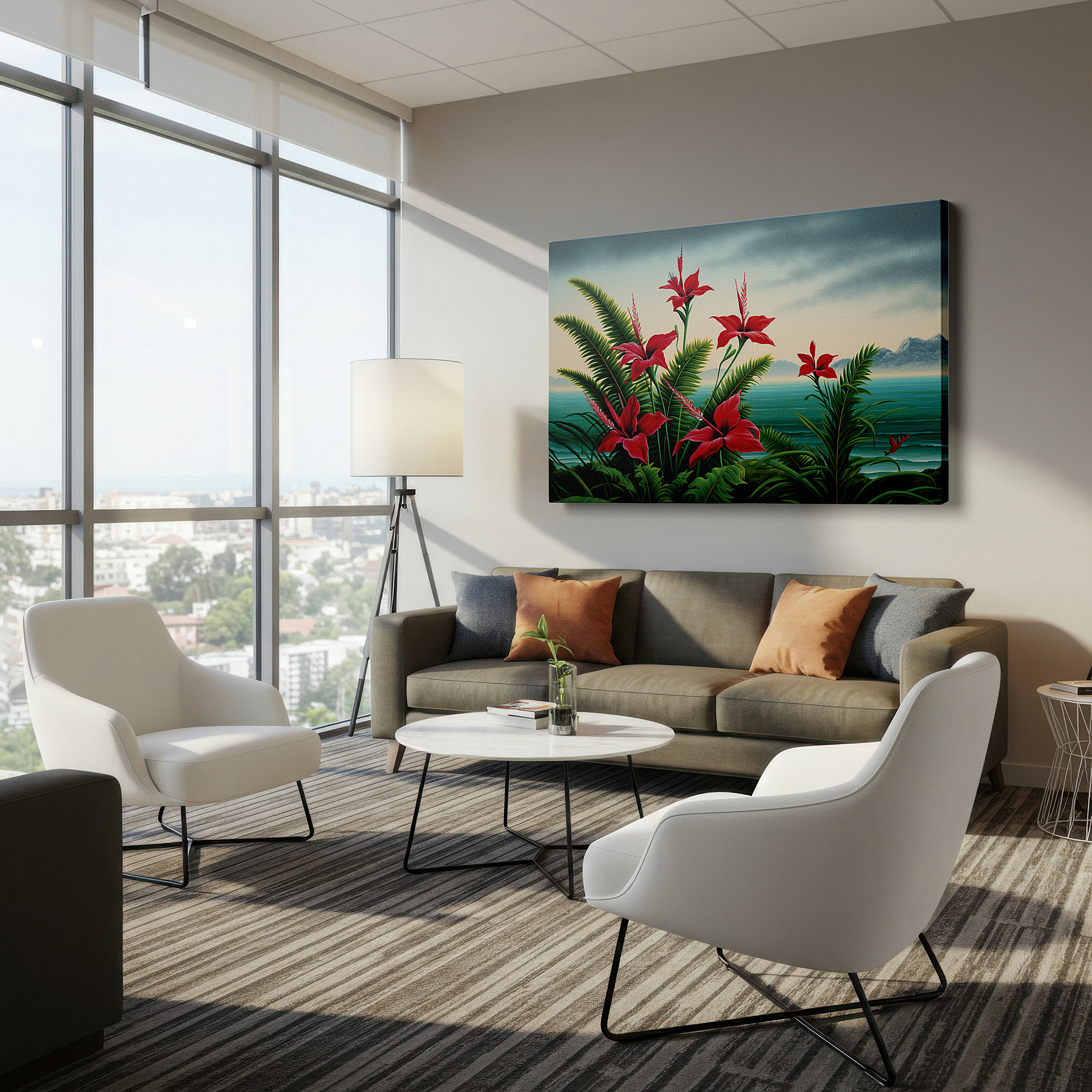 Hung in a cozy reading nook beside a floor lamp and bookshelf — vibrant tropical paradise wall art featuring red hibiscus and lush greenery, perfect for office or bedroom decor