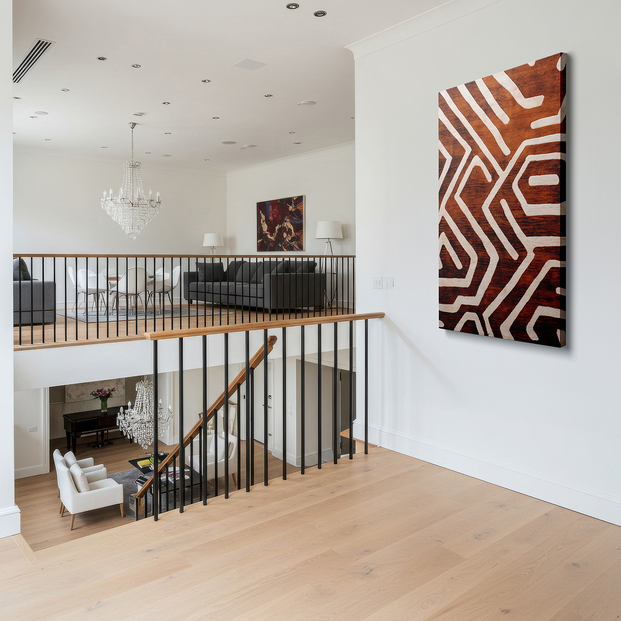 Hung in a cozy reading nook beside a floor lamp and bookshelf — visual harmony through textile transformation: celebrating intricate patterns and earthy tones in large wall art, canvas wall art, and office wall decor