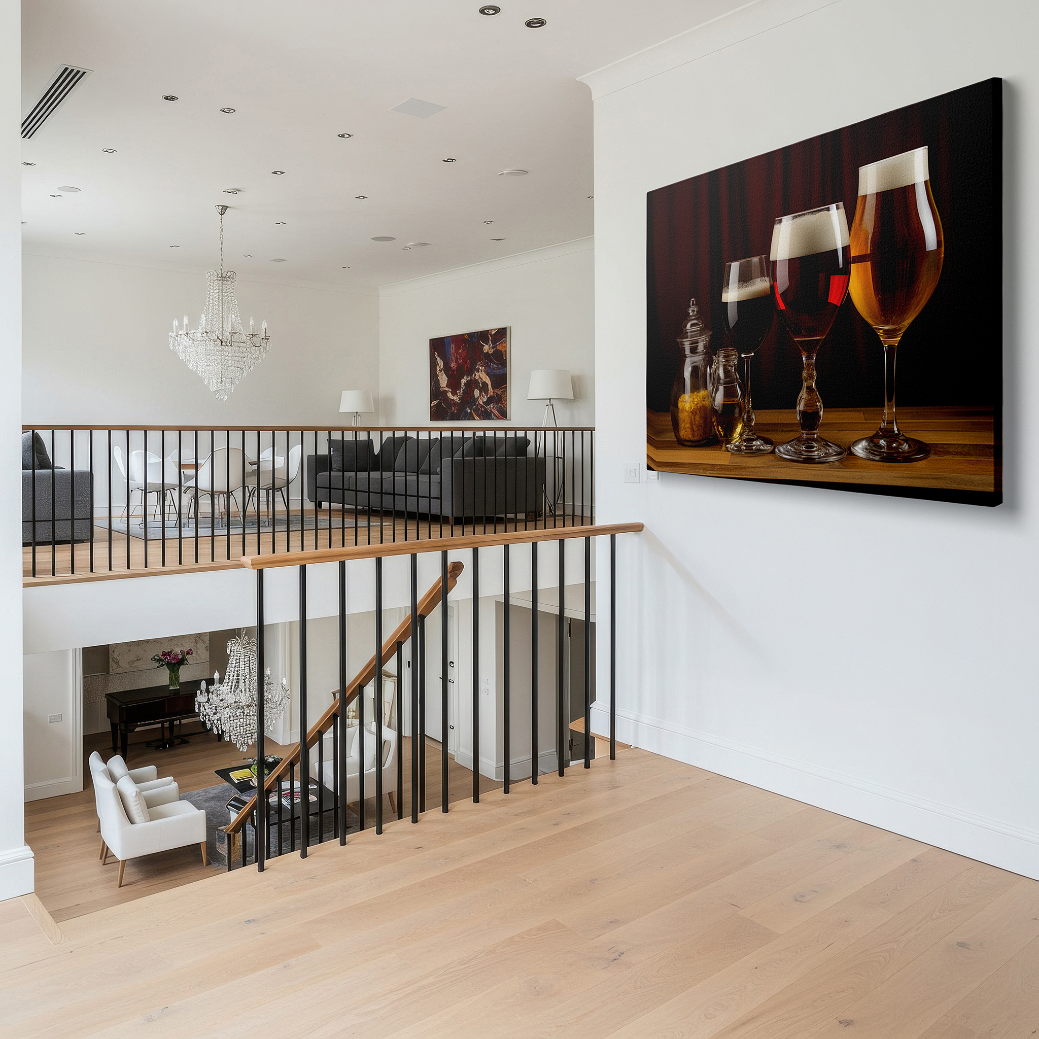 Hung in a cozy reading nook beside a floor lamp and bookshelf — a visual tribute to craft brewing featuring artisan beers, syrups, and sophisticated glassware: large wall art, canvas wall art, wall decor, office wall art