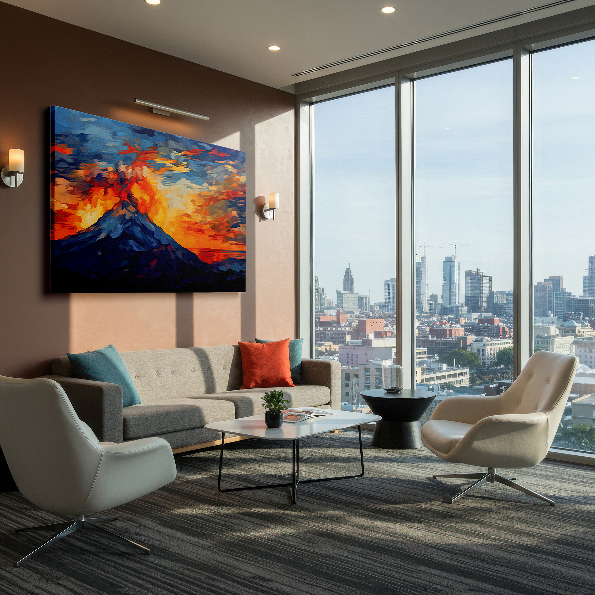 Hung in a cozy reading nook beside a floor lamp and bookshelf — volcanic fury unleashed: a stunning exhibition of nature's force and elegance - large wall art, canvas wall art, wall decor for office and bedroom