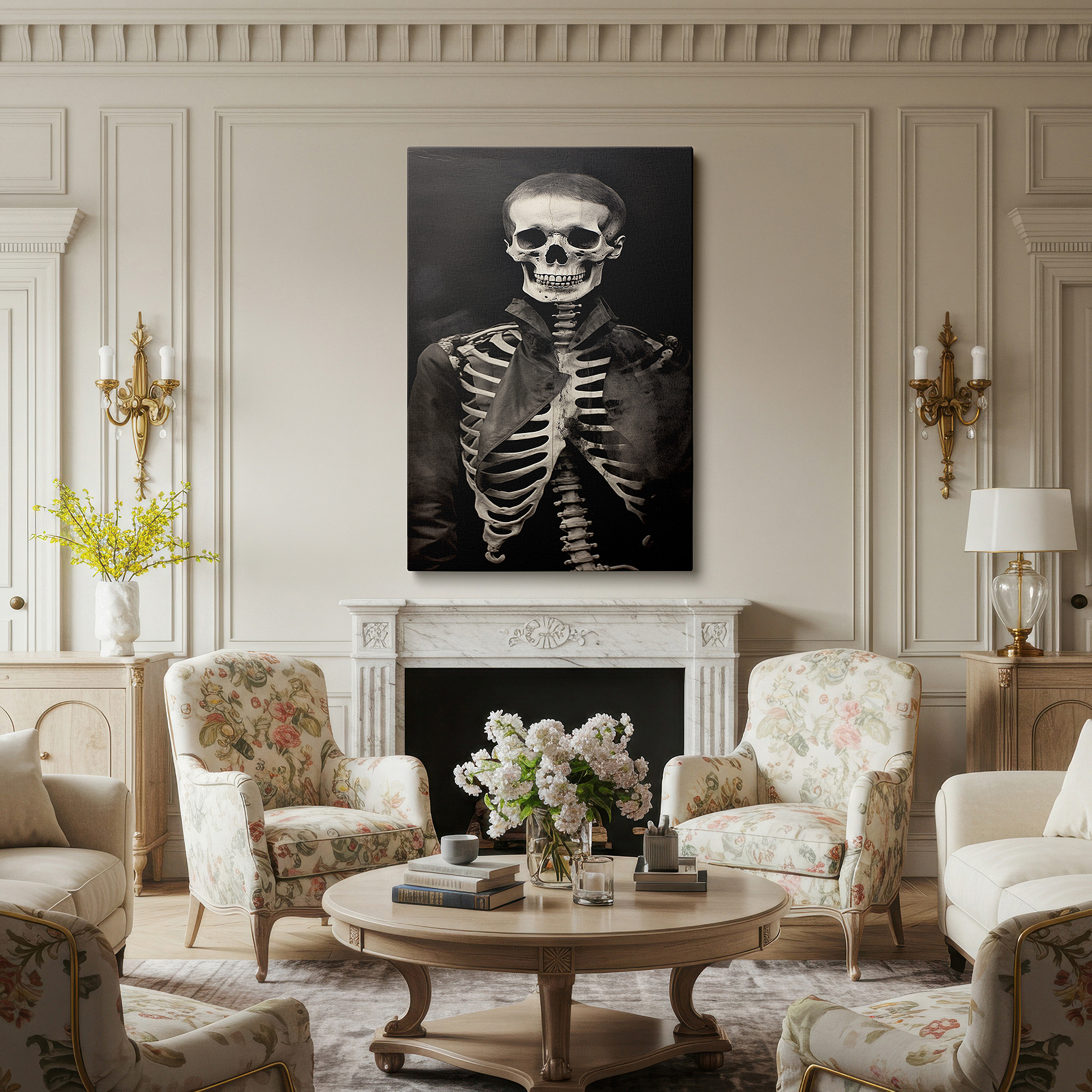 Hung in a cozy reading nook beside a floor lamp and bookshelf — wall art: 19th-century skeleton in historical attire - large canvas for home and office decor, ideal for living rooms and bedrooms