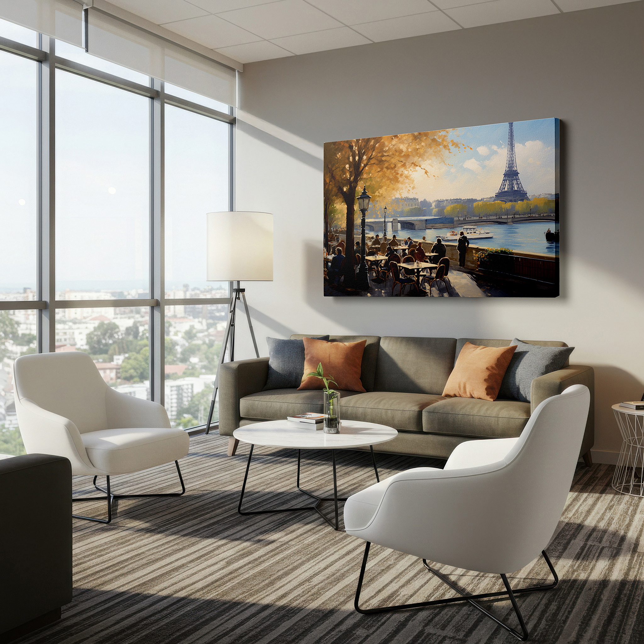 Hung in a cozy reading nook beside a floor lamp and bookshelf — wall art: "autumn in paris" - vibrant café scene with the eiffel tower, large canvas wall art for office, bedroom, and living room decor