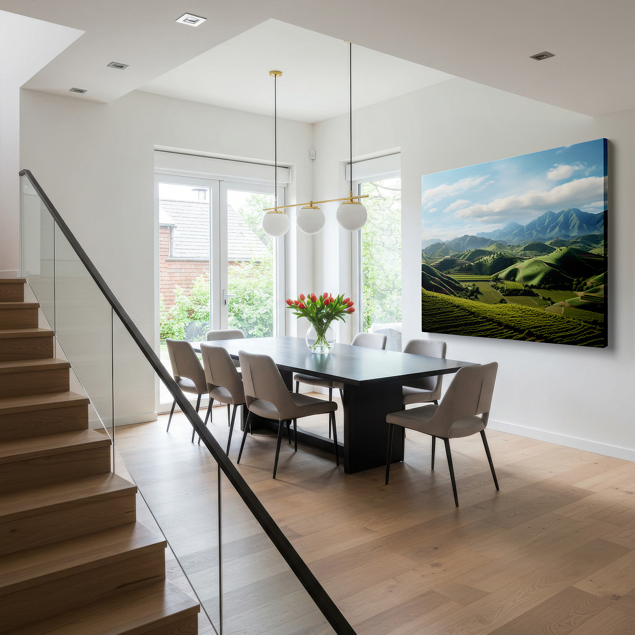 Hung in a cozy reading nook beside a floor lamp and bookshelf — wall art: blending nature and human craftsmanship in a verdant vineyard scene - large canvas wall art for home and office decor, perfect for living rooms and bedrooms