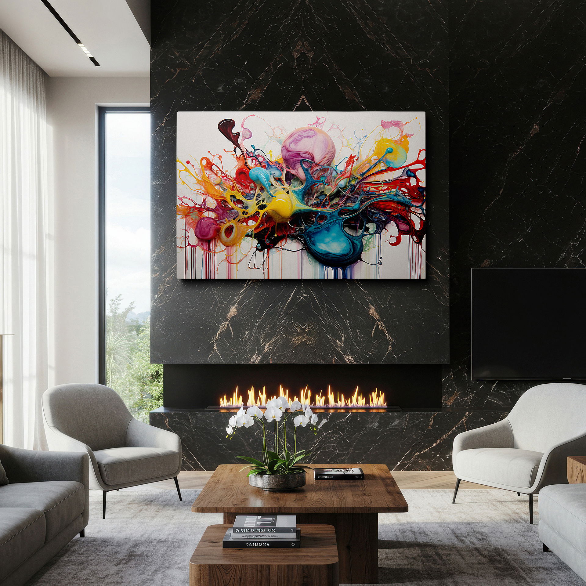 Hung in a cozy reading nook beside a floor lamp and bookshelf — wall art: a captivating journey through color and shape in