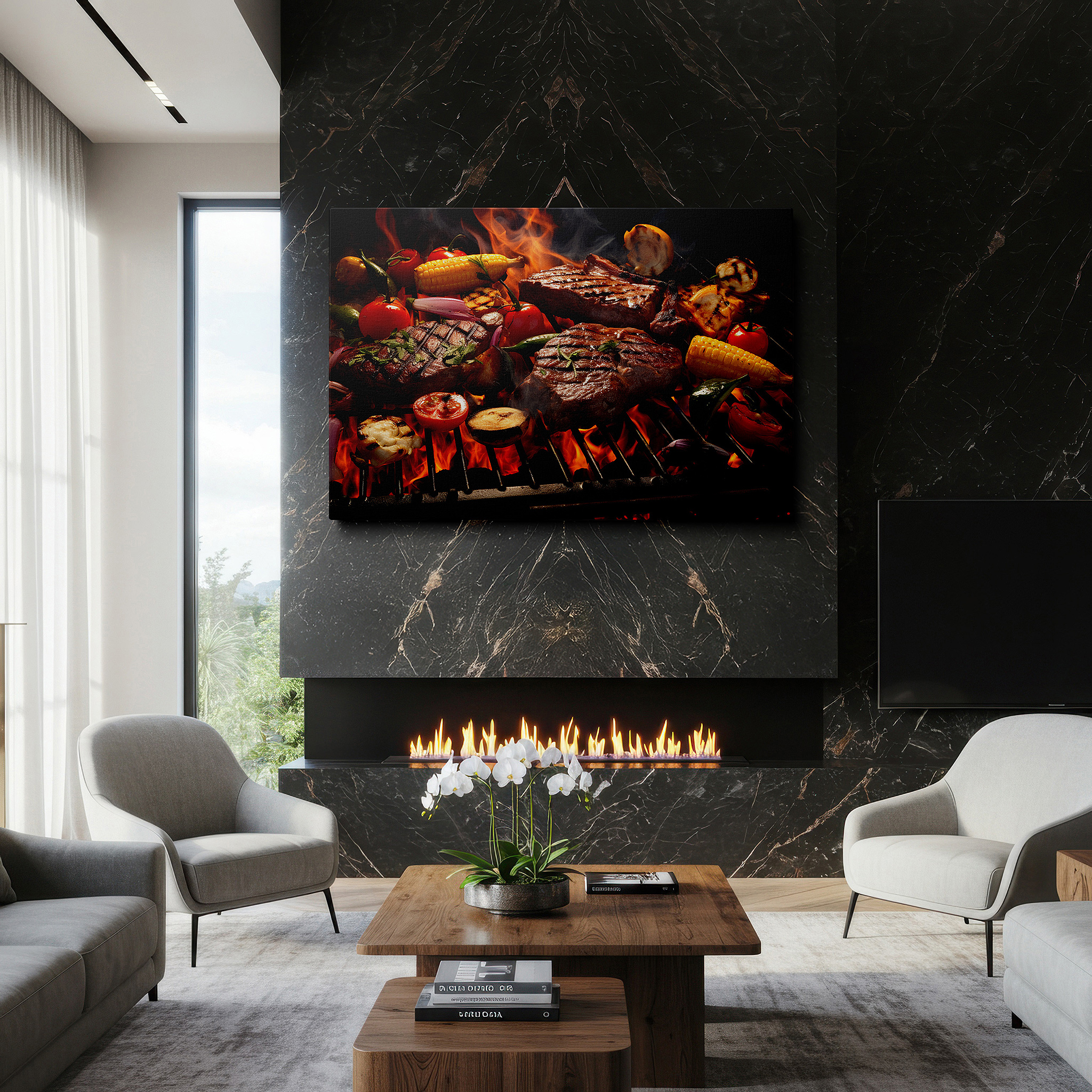 Hung in a cozy reading nook beside a floor lamp and bookshelf — wall art: celebrate summer with bbq grill, bright vegetables, and shared happiness - large canvas for home or office decor, perfect for living room or bedroom