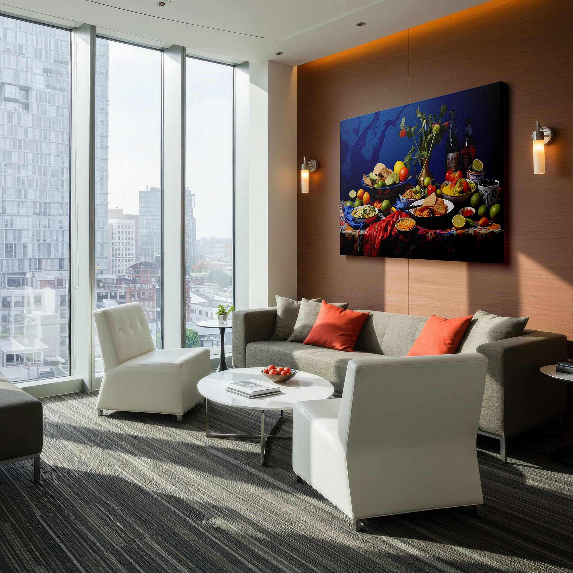 Hung in a cozy reading nook beside a floor lamp and bookshelf — wall art: celebrating culinary diversity and communal joy with a feast of colors and flavors on a rustic table - large canvas wall art for office decor