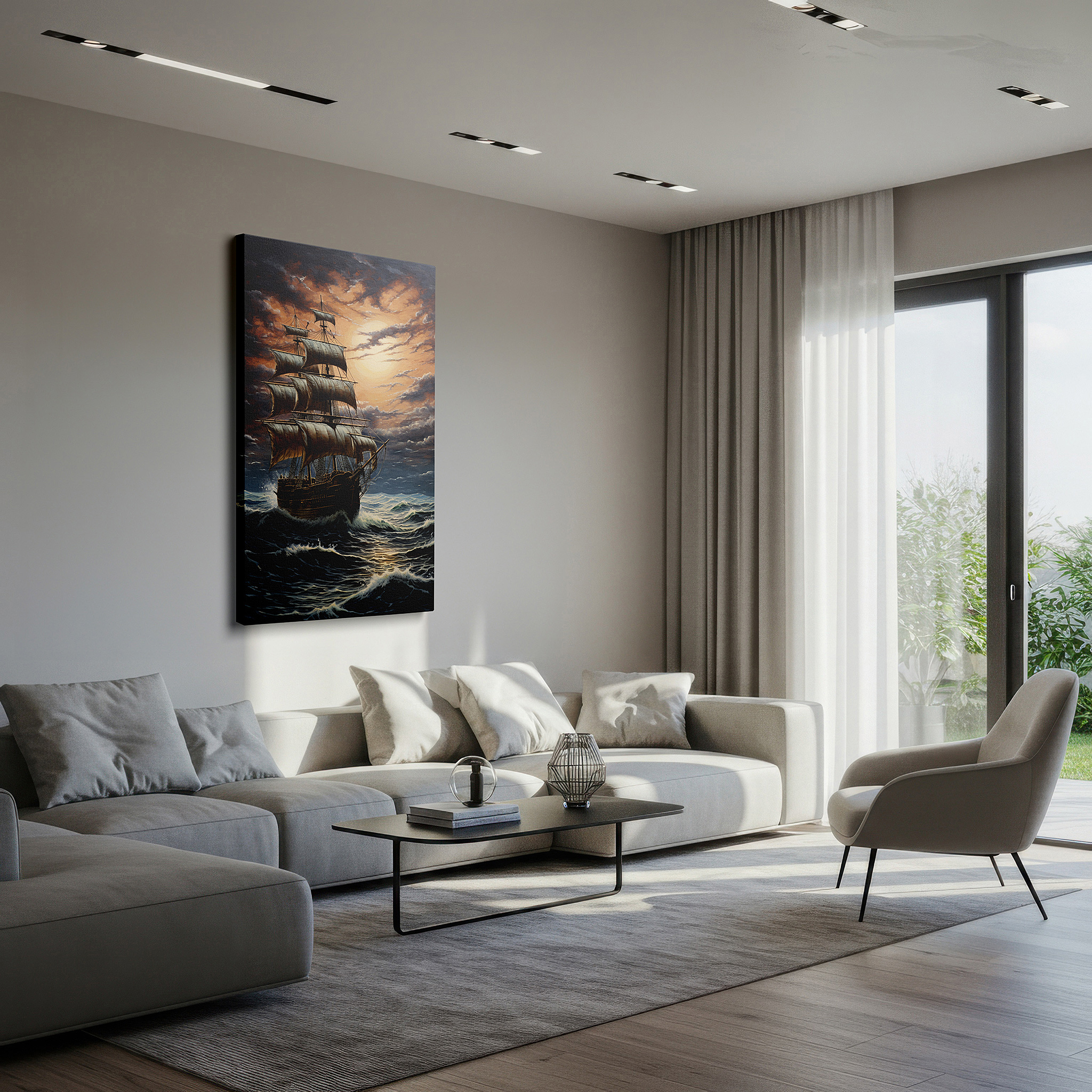 Hung in a cozy reading nook beside a floor lamp and bookshelf — wall art: enchanting nocturnal sea voyage - graceful sailing under a moonlit sky, unveiling nature's mysteries, large canvas wall art decor