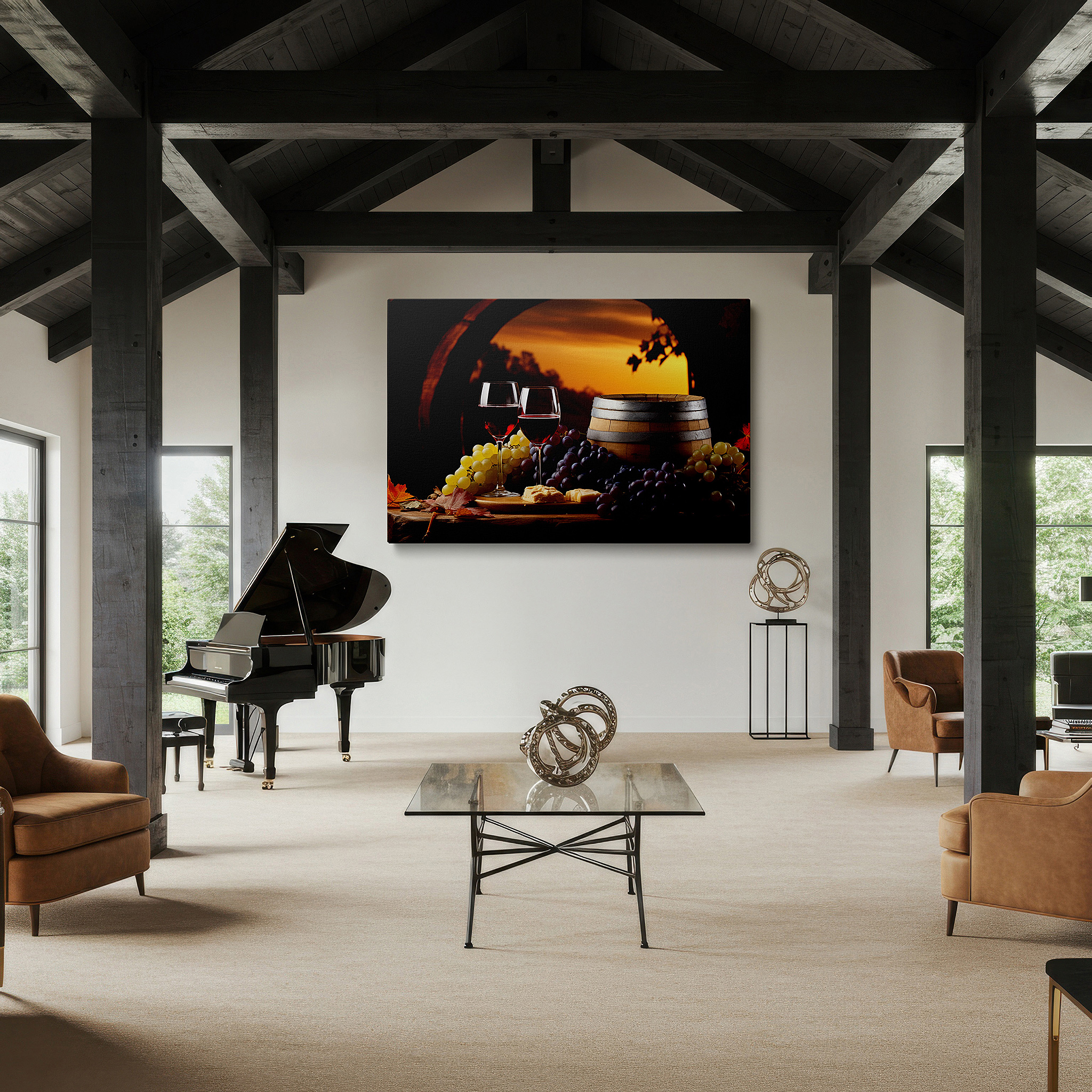 Hung in a cozy reading nook beside a floor lamp and bookshelf — wall art: explore culinary excellence and artisan craftsmanship featuring wine, cheese, and grapes - large canvas prints for home and office decor