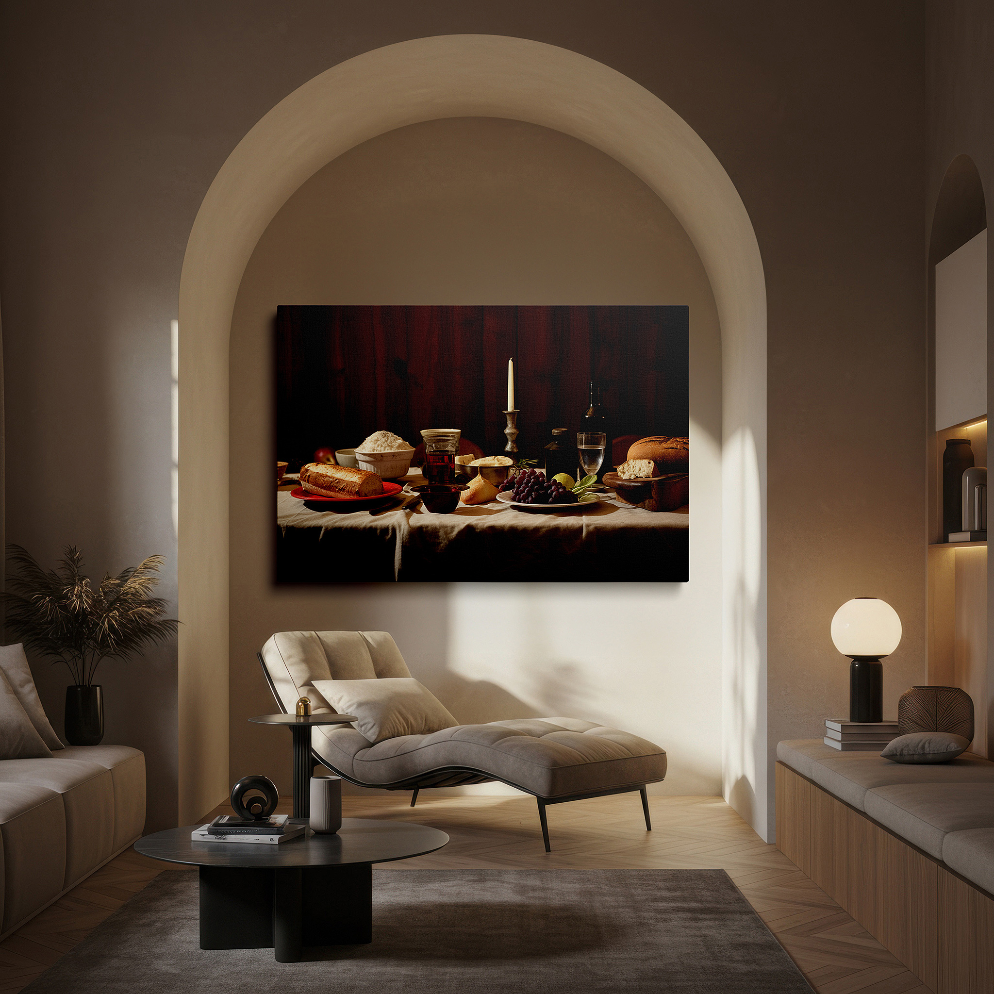 Hung in a cozy reading nook beside a floor lamp and bookshelf — wall art: a sensory feast featuring golden bread and glowing wine - large canvas wall art for dining rooms, offices, and bedrooms