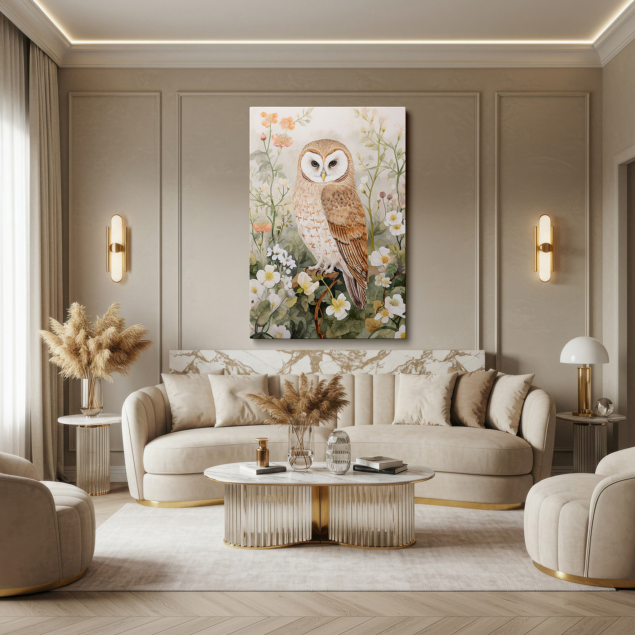 Hung in a cozy reading nook beside a floor lamp and bookshelf — wall art: serene barn owl and wildflowers scene - large canvas for home and office decor, perfect for living rooms and bedrooms