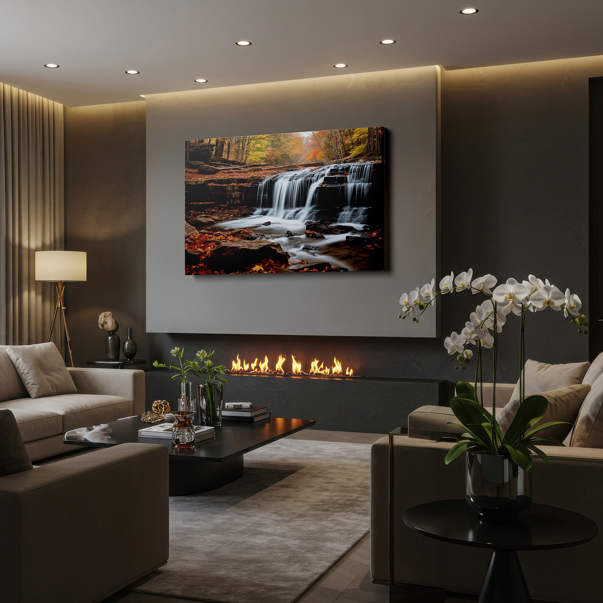 Hung in a cozy reading nook beside a floor lamp and bookshelf — wall art: serene waterfall and autumn foliage - a peaceful forest retreat for reflection and renewal, large canvas wall art decor