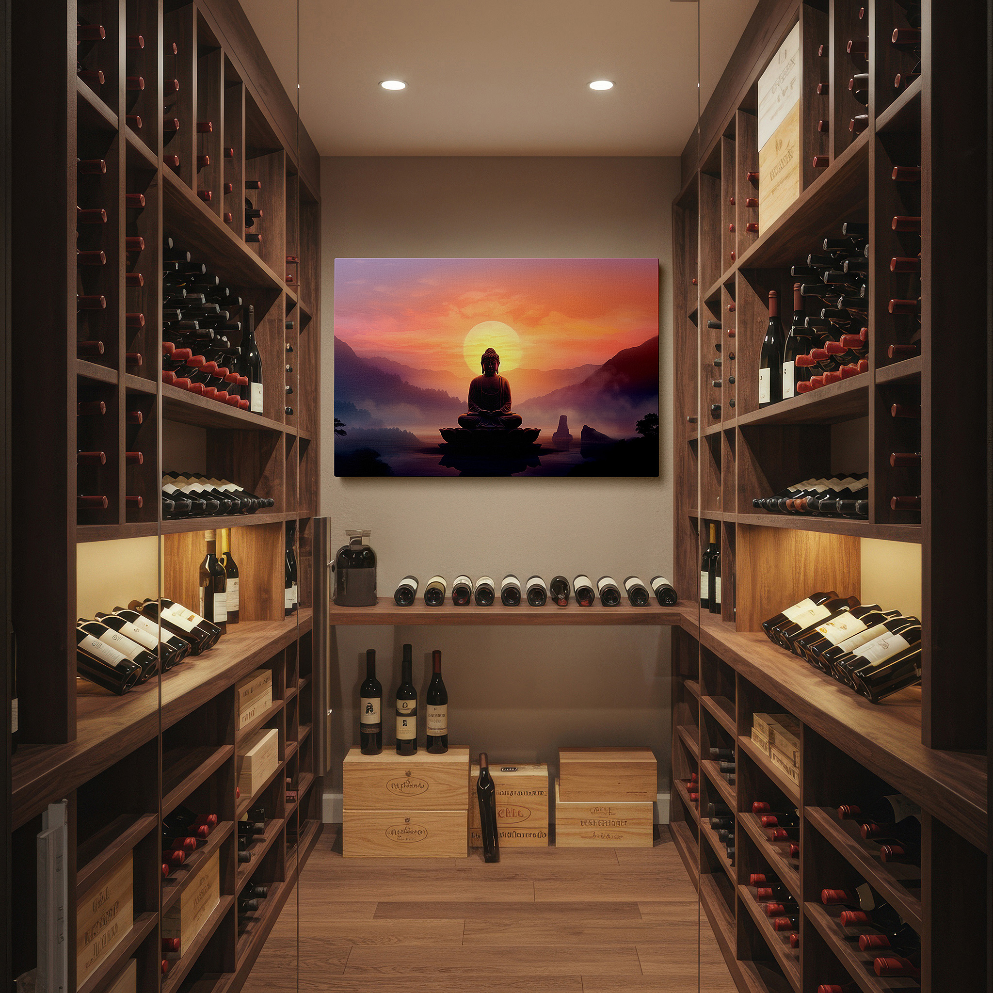 Hung in a cozy reading nook beside a floor lamp and bookshelf — wall art: tranquil dawn with buddha on a lotus - spiritual awakening amidst misty mountains - large canvas wall art for office and bedroom decor