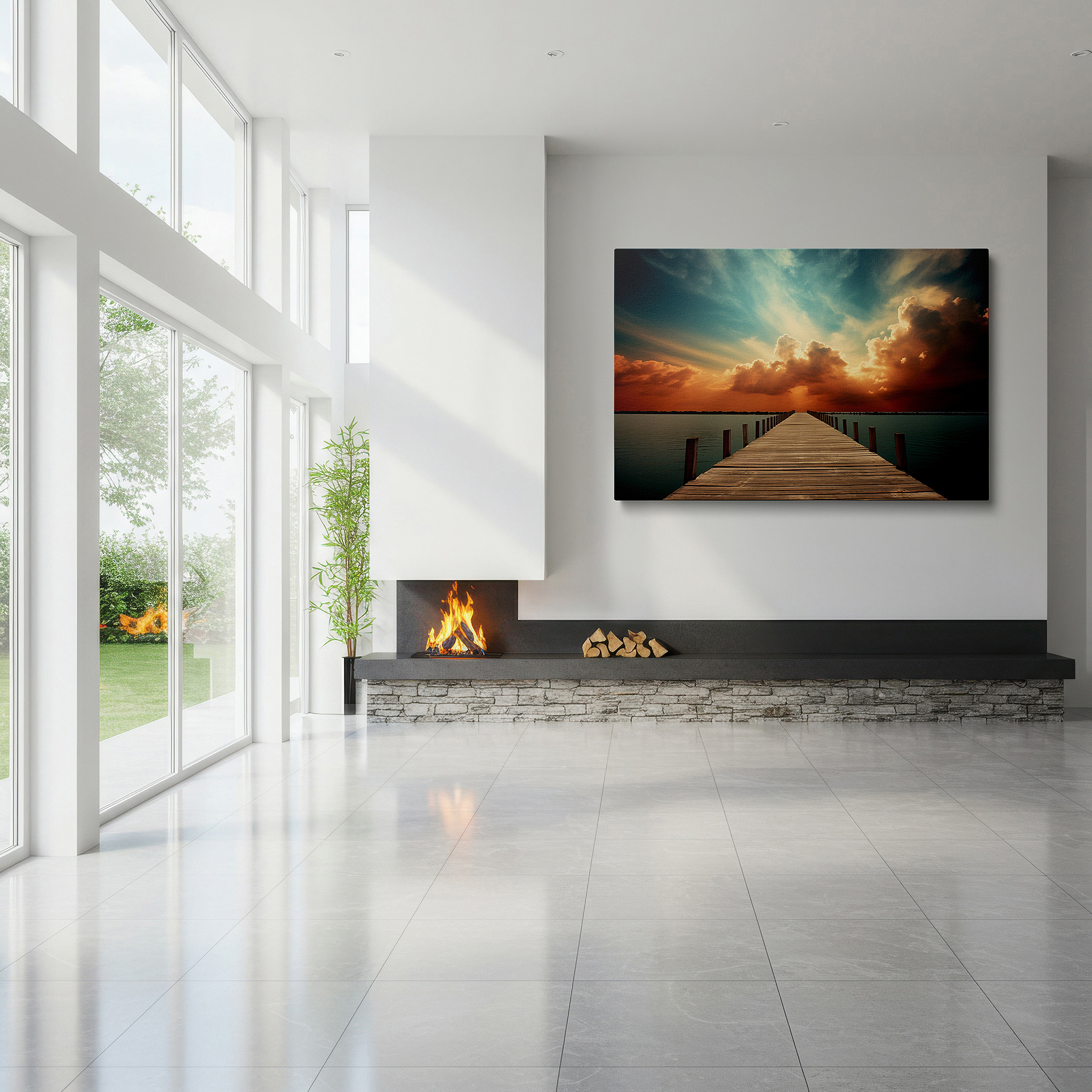 Hung in a cozy reading nook beside a floor lamp and bookshelf — wall decor: explore tranquility with a rustic pier and vivid sunset reflections - large canvas art for home and office