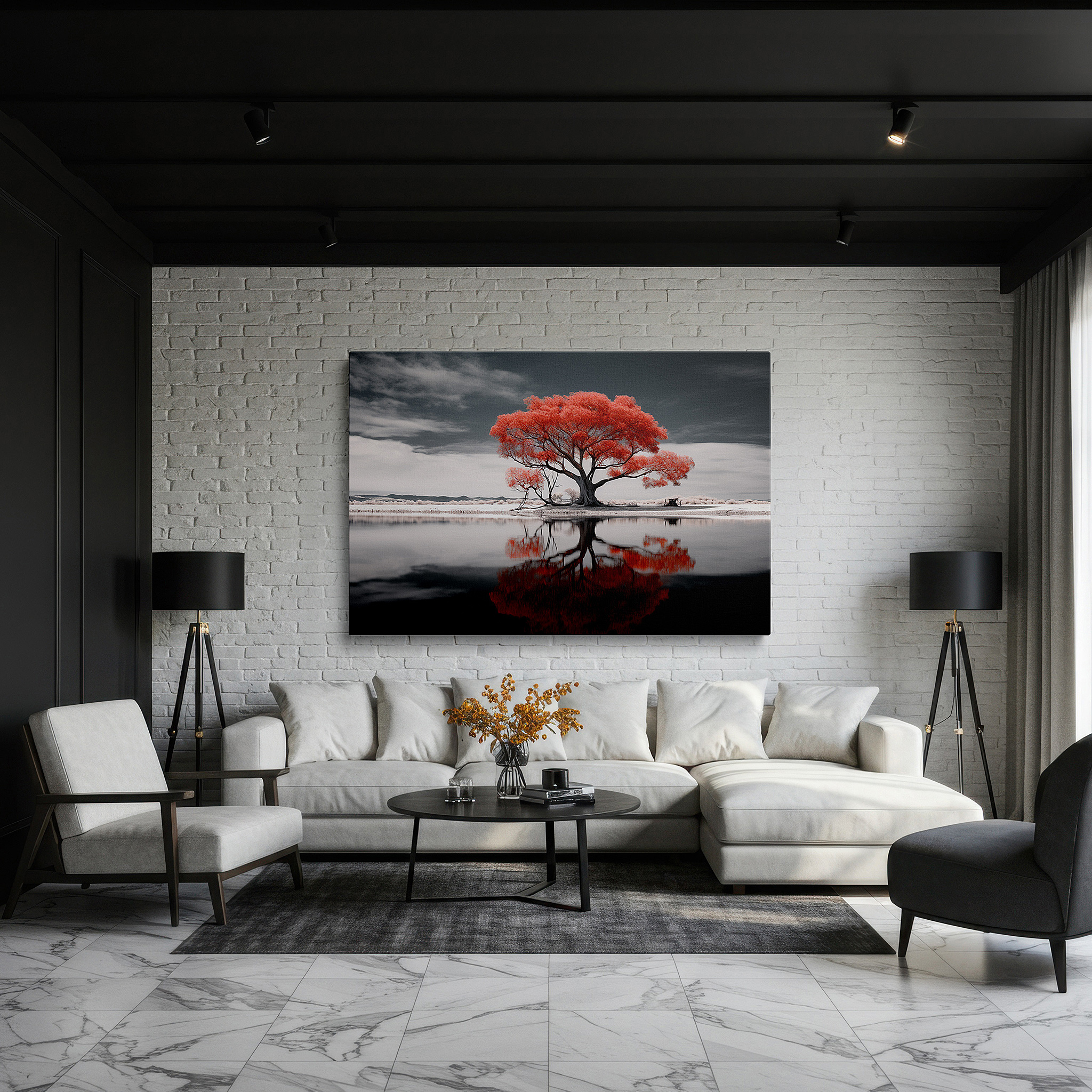 Hung in a cozy reading nook beside a floor lamp and bookshelf — wall decor: fiery red tree against calm waters - striking natural contrast of energy and tranquility, large canvas wall art for home and office decor