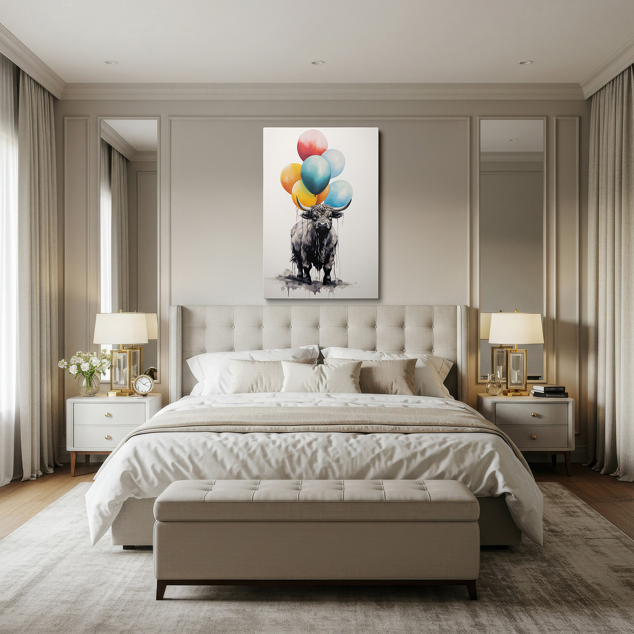 Hung in a cozy reading nook beside a floor lamp and bookshelf — wall decor: playful cow with vibrant balloons, a celebration of artistic imagination and whimsy, large canvas wall art for home decor