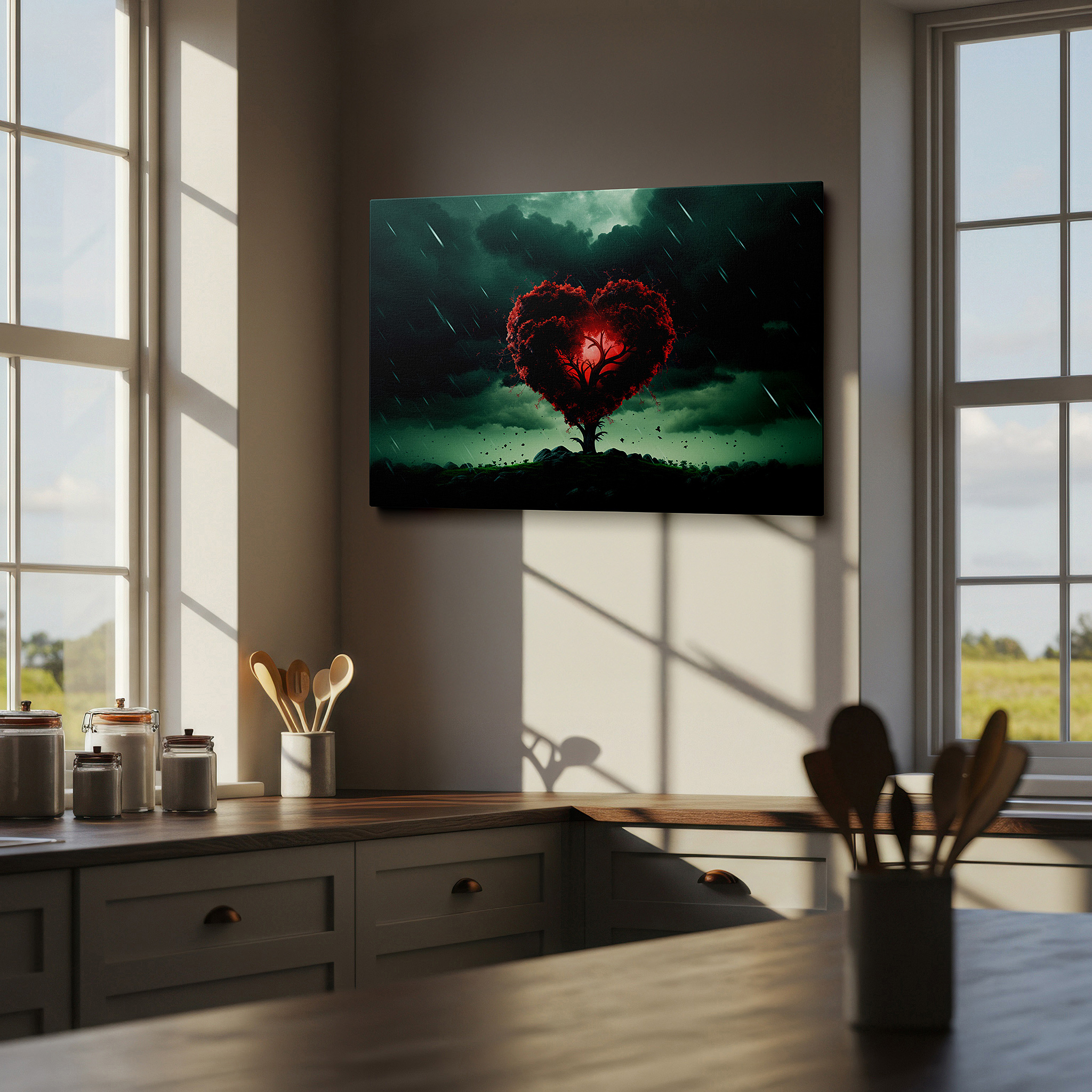 Hung in a cozy reading nook beside a floor lamp and bookshelf — wall decor: stormy sky heart-shaped tree, emblem of resilience and passion - large canvas art for office and bedroom