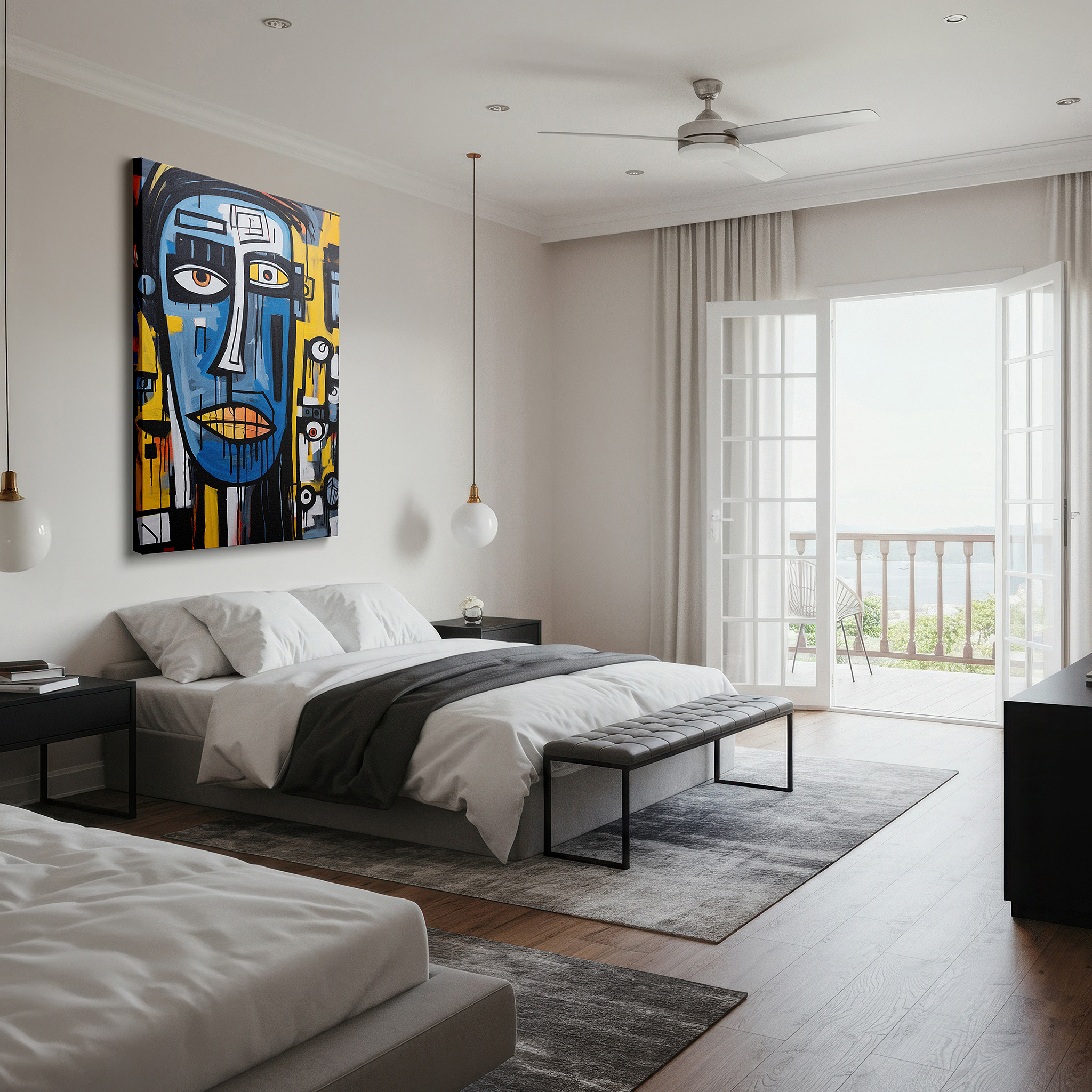 Installation made easy with a centered hook and clean wire mount — abstract expressionism: a bold emotional journey through blue and yellow, large canvas wall art
