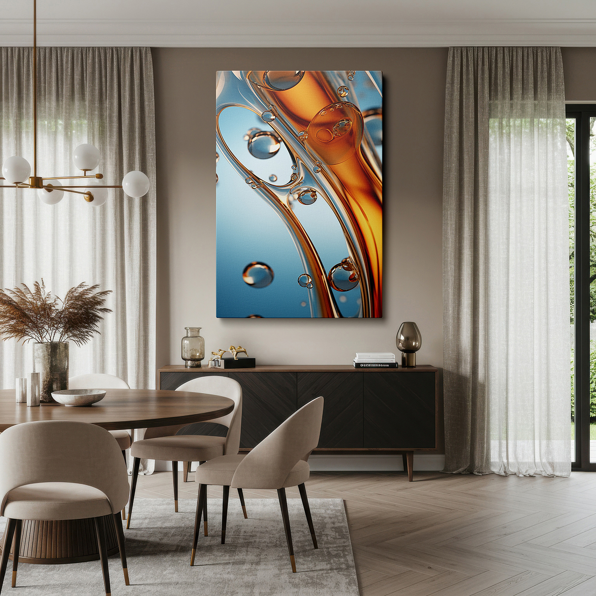 Installation made easy with a centered hook and clean wire mount — amber and clear bubbles abstract dance large wall art, canvas decor for office, bedroom, and living room