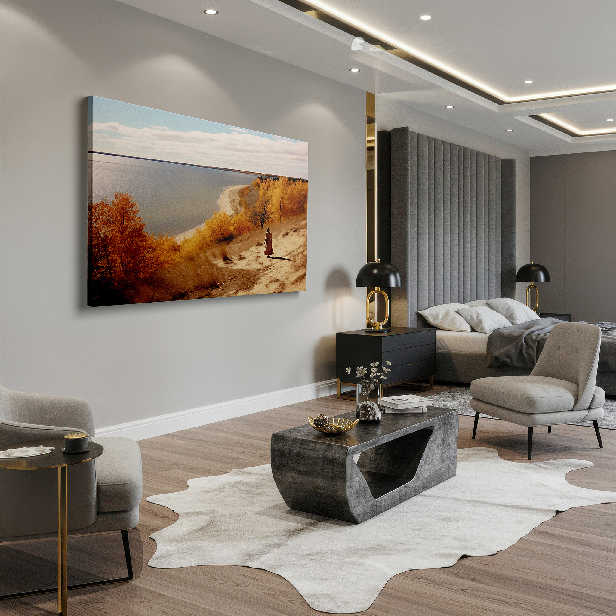Installation made easy with a centered hook and clean wire mount — autumn beach tranquility: serene large wall art for bedrooms and offices, featuring vibrant autumn colors on canvas