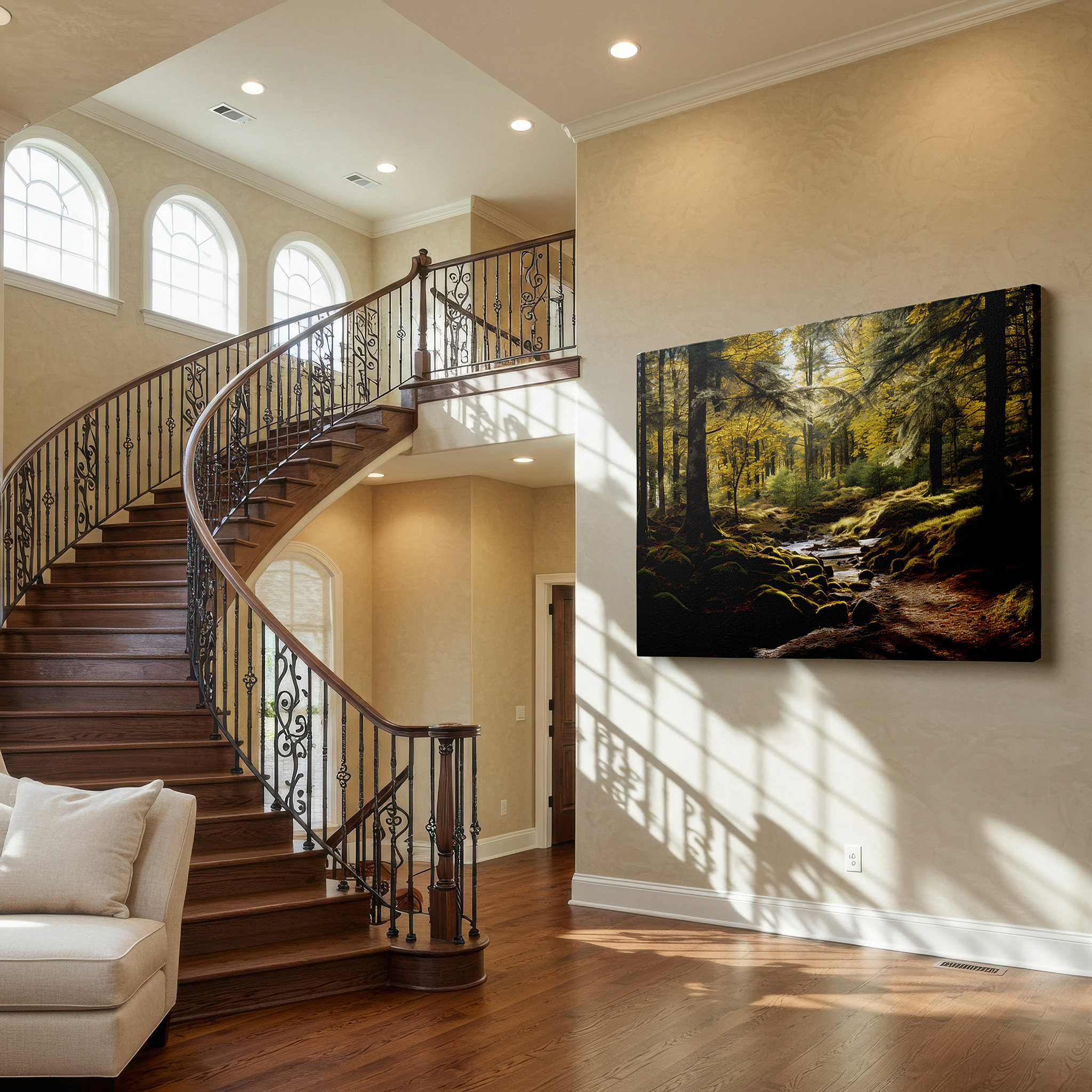 Installation made easy with a centered hook and clean wire mount — autumn forest enchantment: golden leaves and serene stream - large canvas wall art for office and bedroom decor