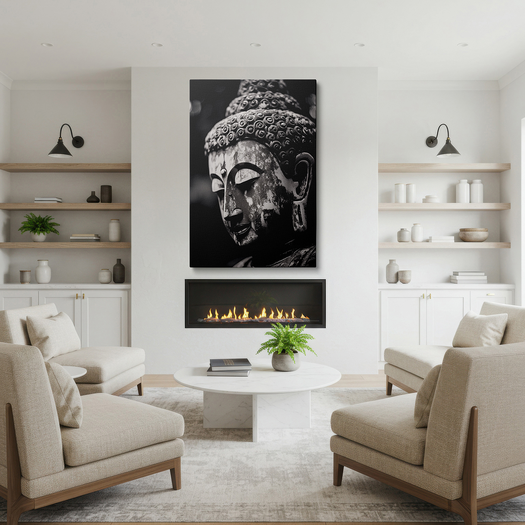 Installation made easy with a centered hook and clean wire mount — black and white buddha portrait wall art: explore spiritual depth and serene beauty with large canvas decor for home and office