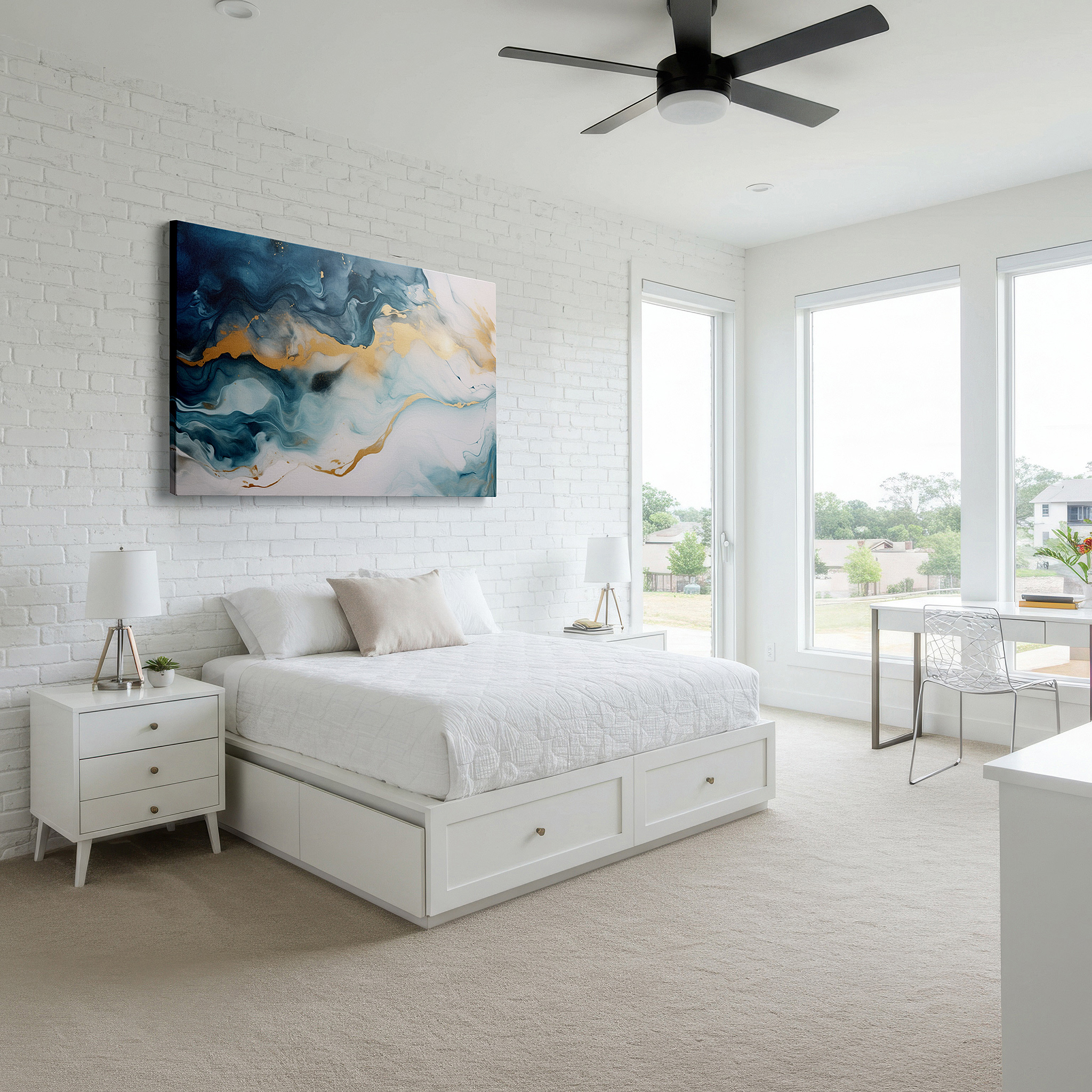 Installation made easy with a centered hook and clean wire mount — blue and gold fluid waves, embodying the serene beauty and depth of the ocean - large canvas wall art for home and office decor