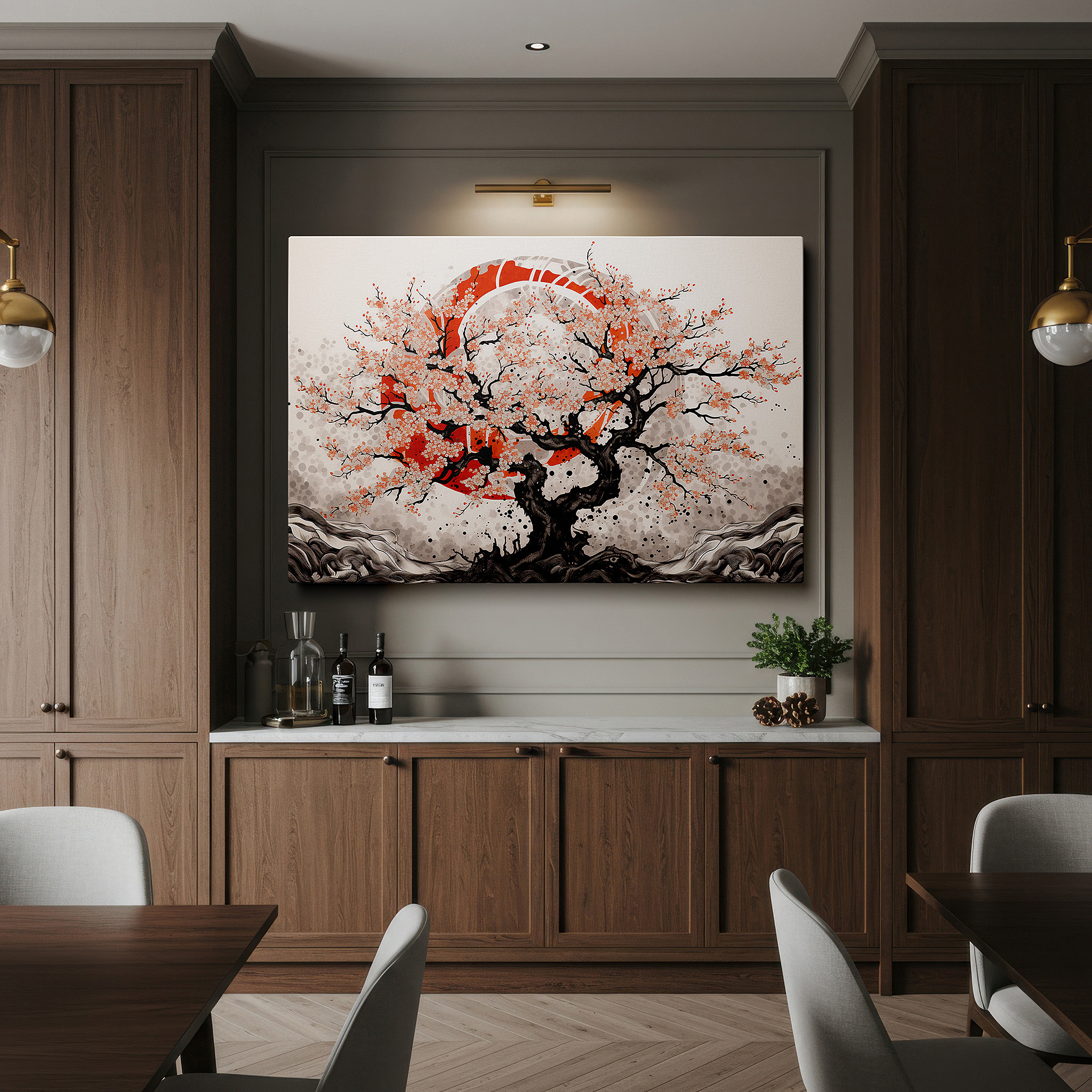 Installation made easy with a centered hook and clean wire mount — cherry blossom tree at sunset - capturing nature's ephemeral beauty in large canvas wall art