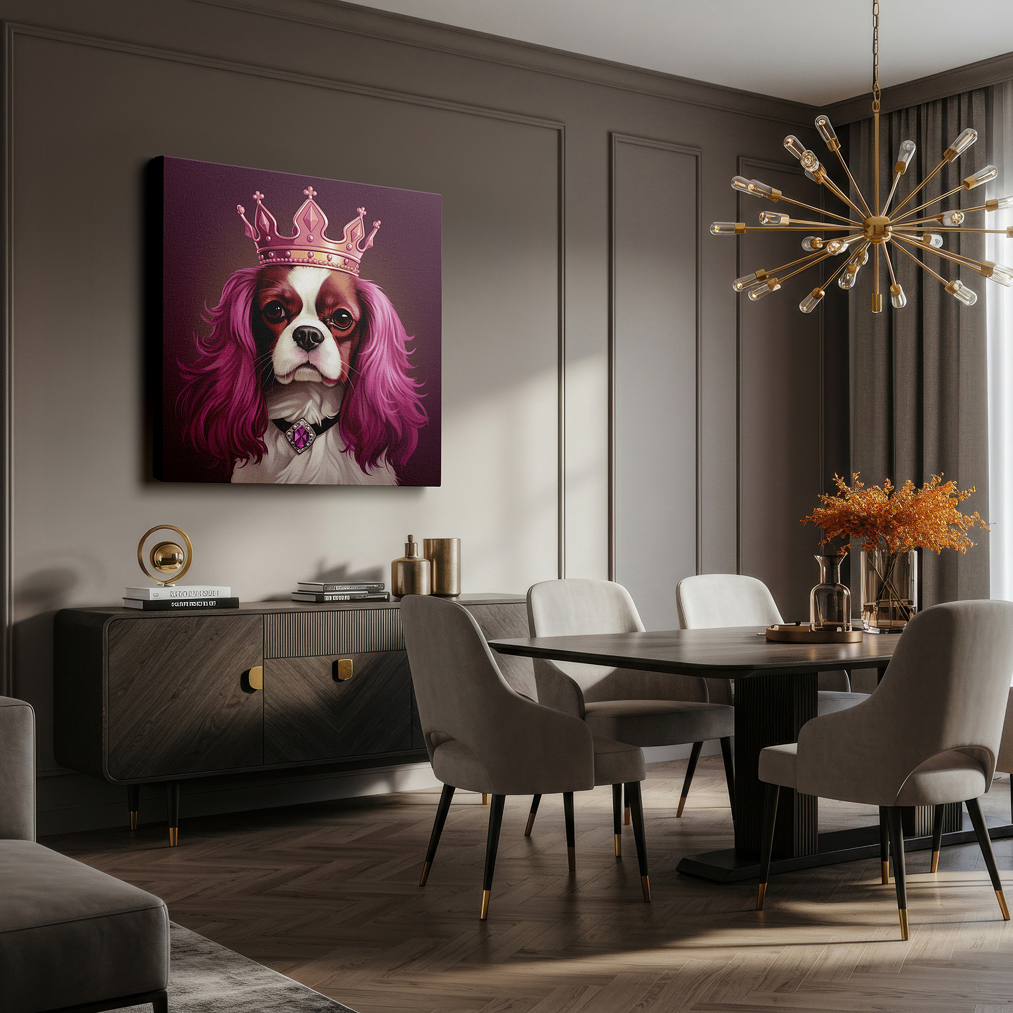 Installation made easy with a centered hook and clean wire mount — chestnut and white cavalier king charles spaniel with crown large canvas wall art for office and bedroom decor
