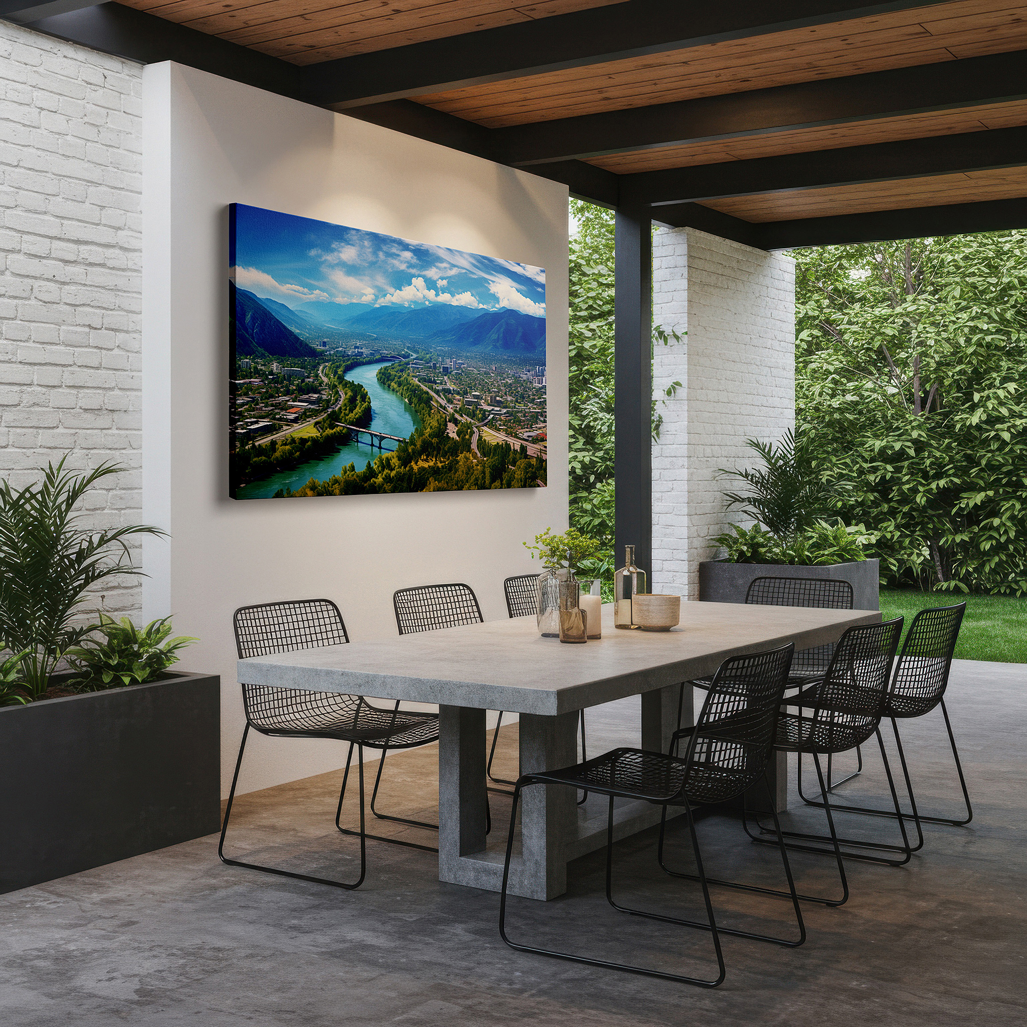 Installation made easy with a centered hook and clean wire mount — cityscape and nature aerial symphony, majestic mountains and serene skies canvas wall art, large wall decor for office