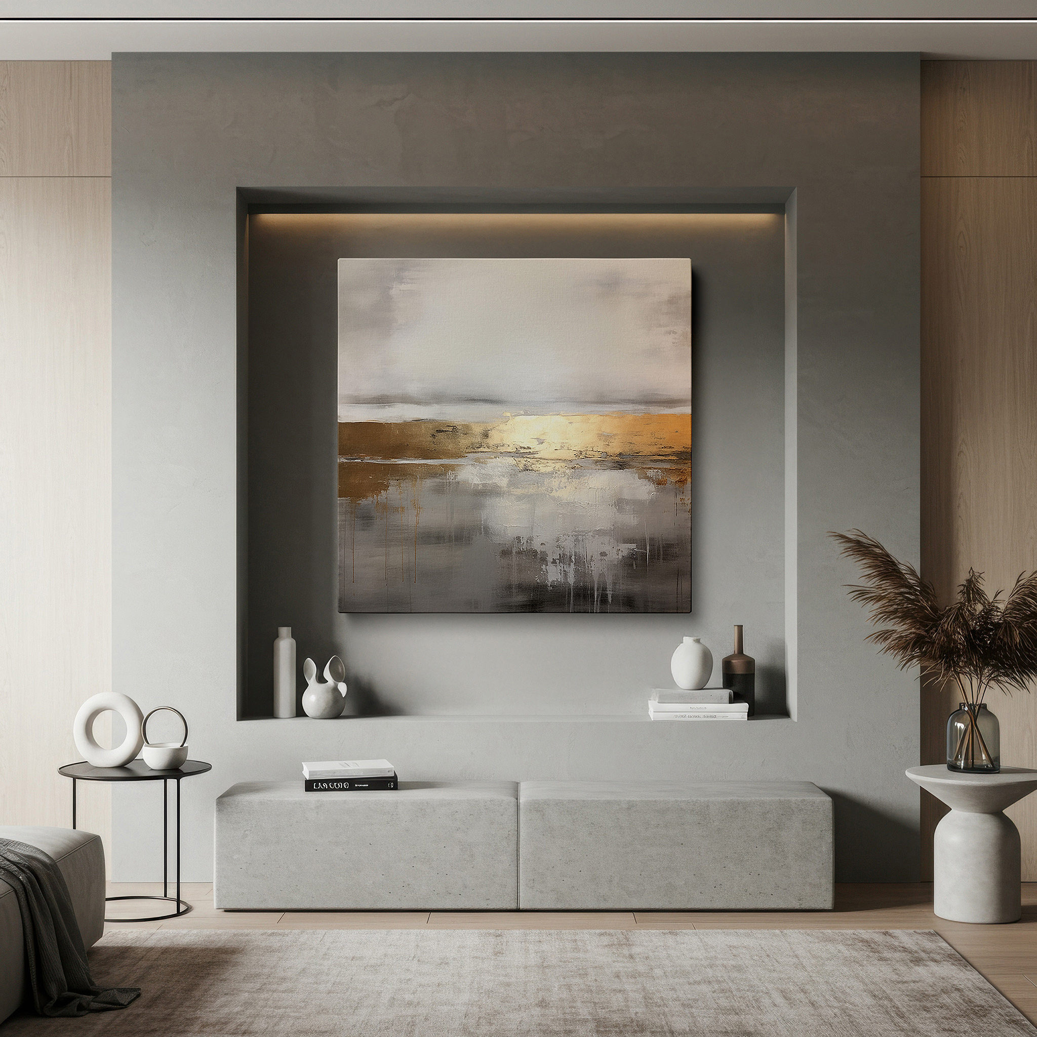 Installation made easy with a centered hook and clean wire mount — elegant abstract art in gold and silver, emblematic of luxury and elegance, large canvas wall art for home and office decor
