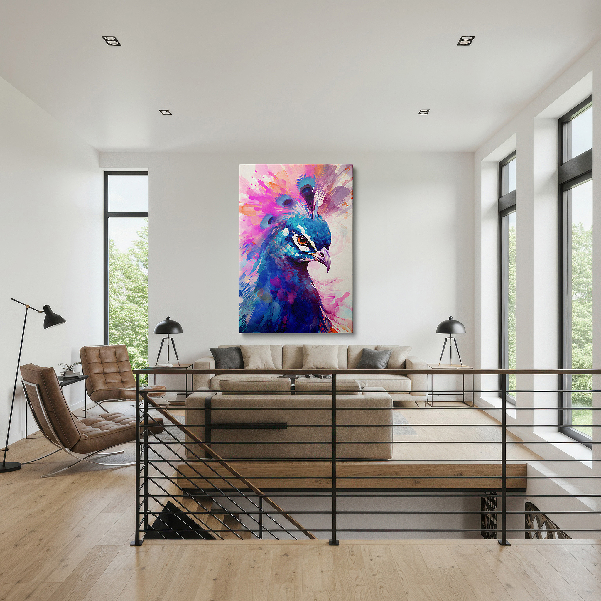 Installation made easy with a centered hook and clean wire mount — elegant peacock display showcases beauty and luxury with bright colors and graceful splashes, large canvas wall art decor