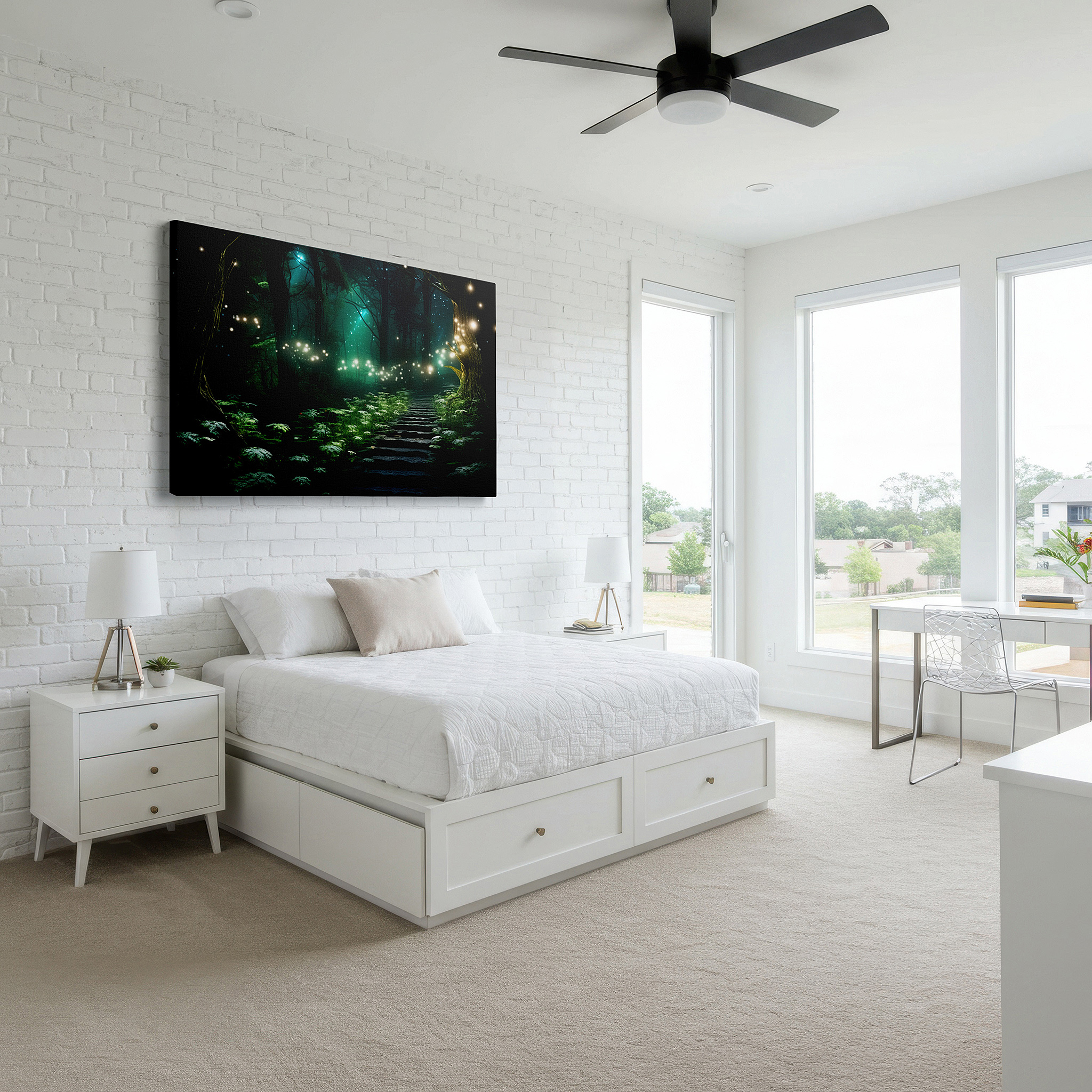 Installation made easy with a centered hook and clean wire mount — enchanted forest pathway canvas: radiant light, tranquil and mystical large wall art for office and bedroom decor