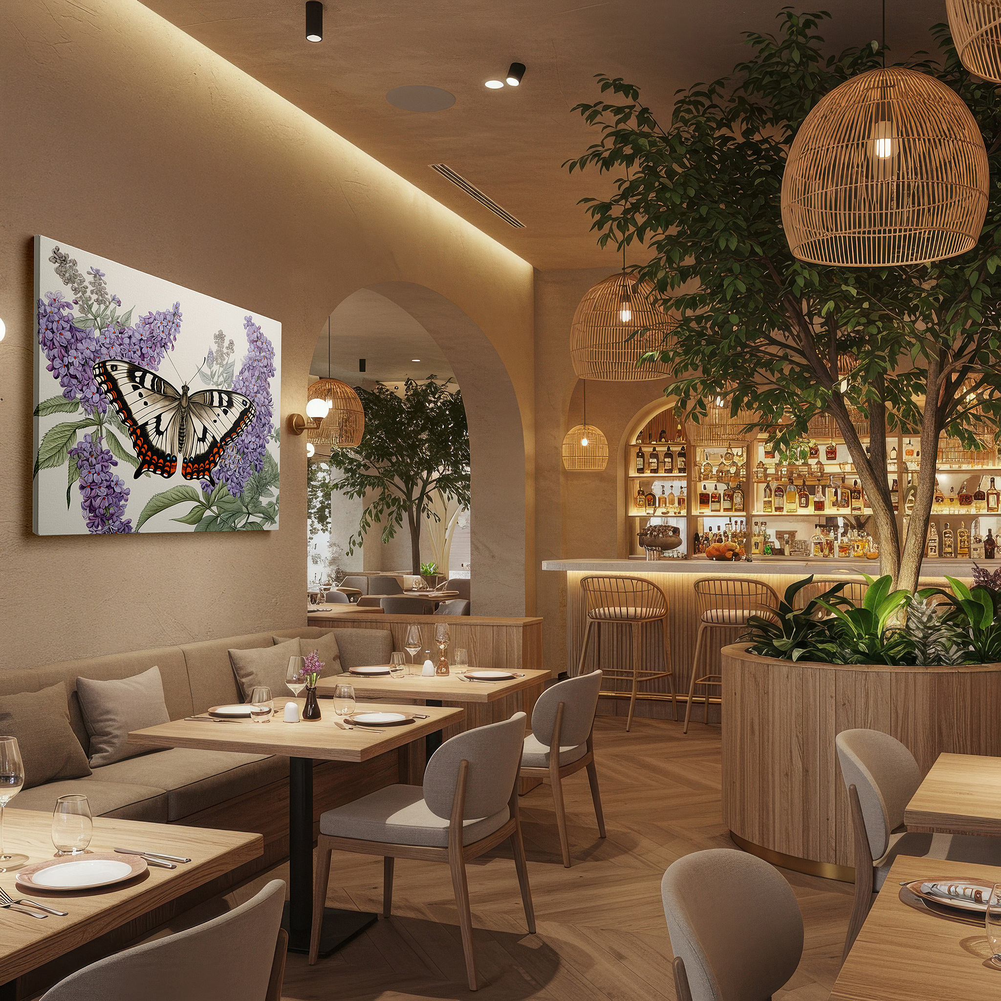 Installation made easy with a centered hook and clean wire mount — ethereal butterfly resting on purple flowers surrounded by abstract floral designs, large canvas wall art for home and office decor