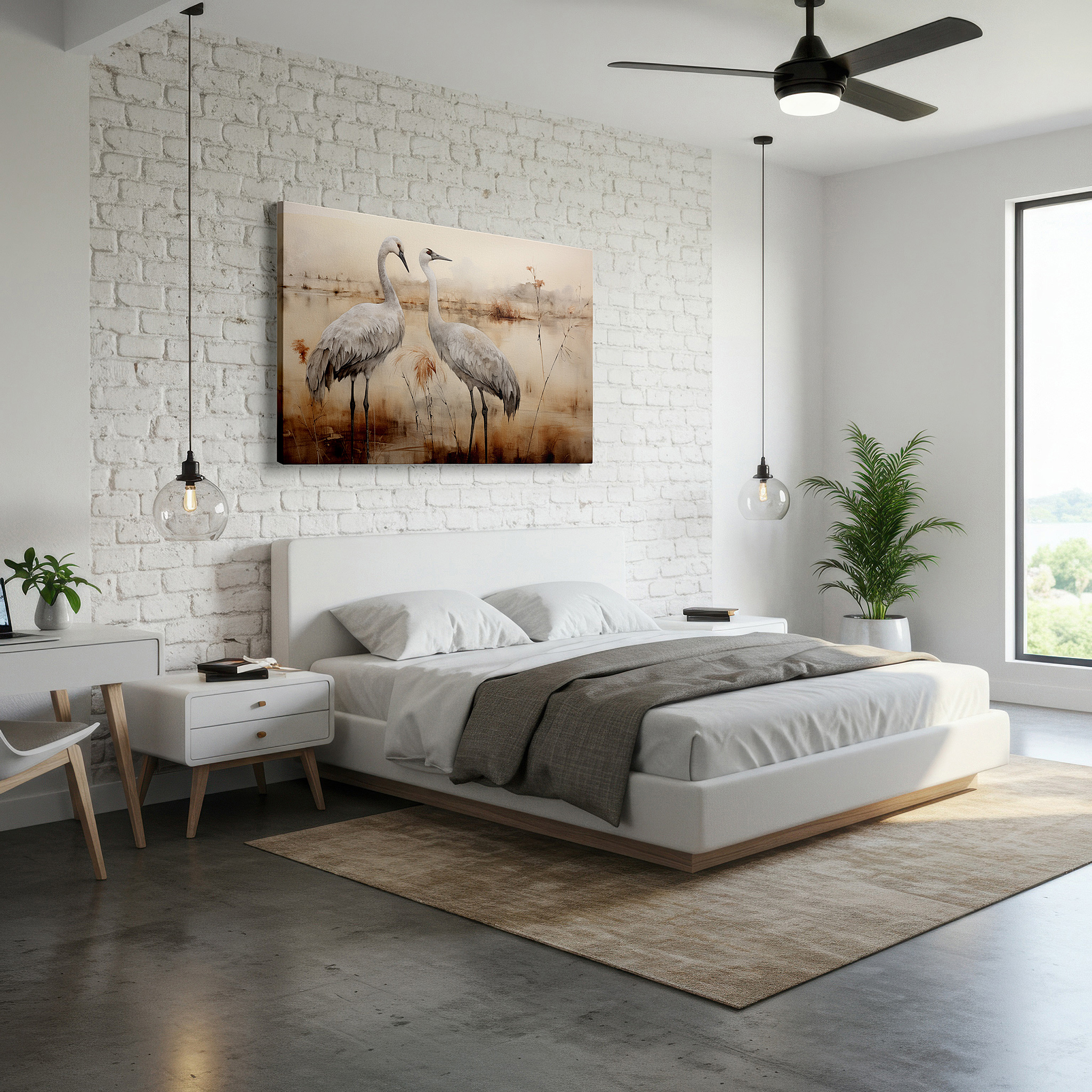 Installation made easy with a centered hook and clean wire mount — ethereal landscape with tranquil cranes: serene nature and wildlife large wall art, canvas decor for office and bedroom