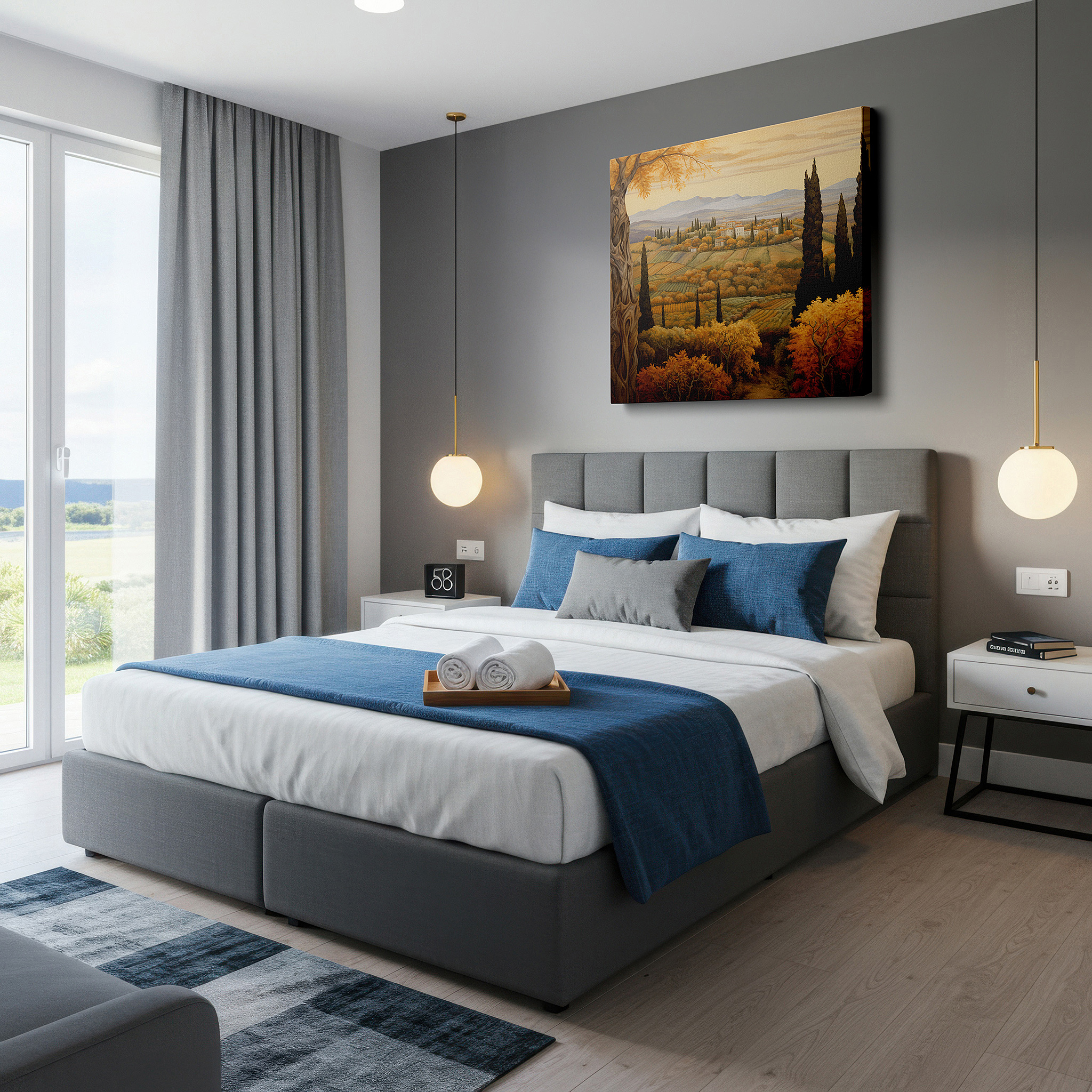 Installation made easy with a centered hook and clean wire mount — golden autumn tranquility wall art featuring cypress trees and expansive vineyards, ideal for office and bedroom decor, available as large canvas wall art