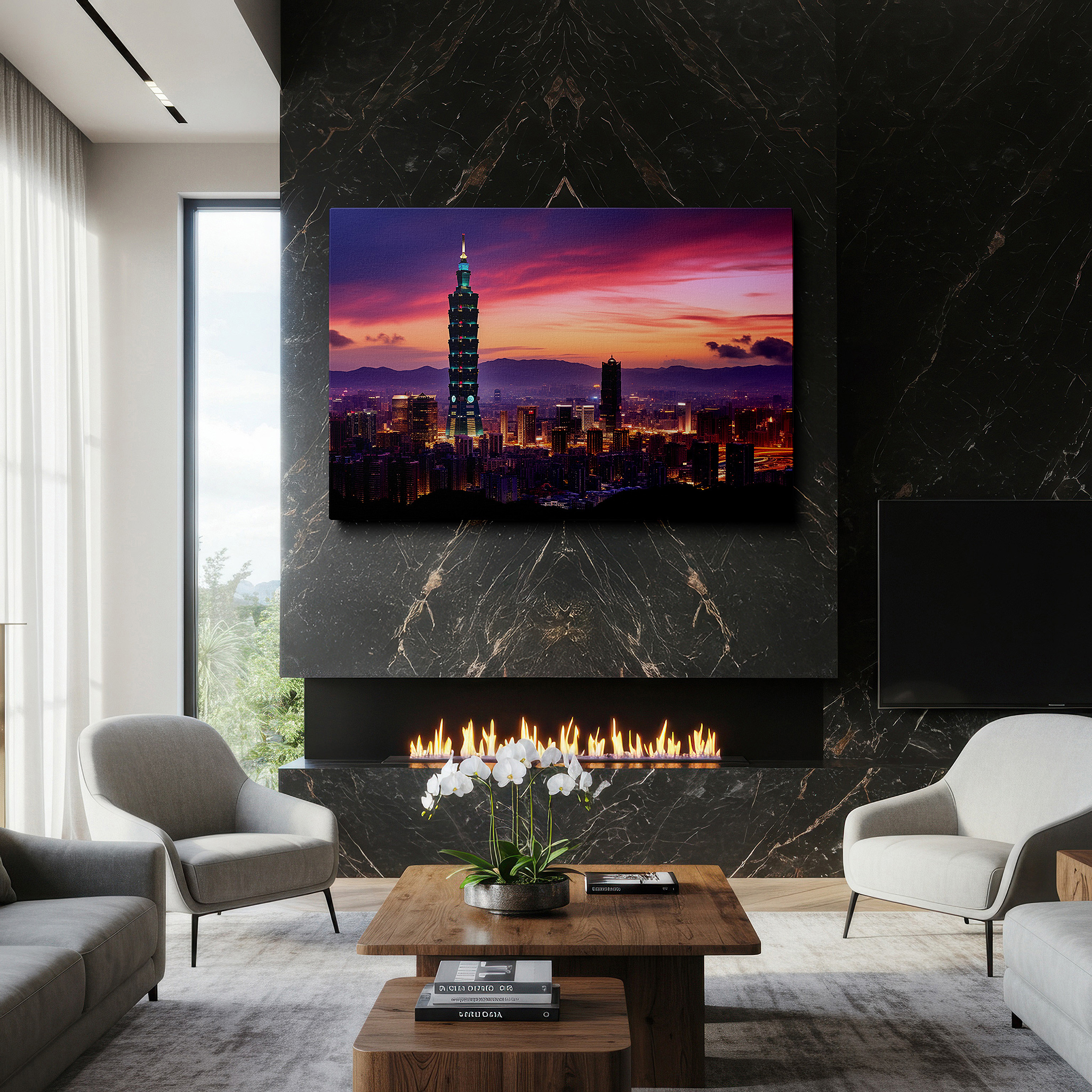 Installation made easy with a centered hook and clean wire mount — golden splendor of taipei 101 amidst a luminous cityscape at night - large wall art, canvas wall art, wall art decor for office and bedroom