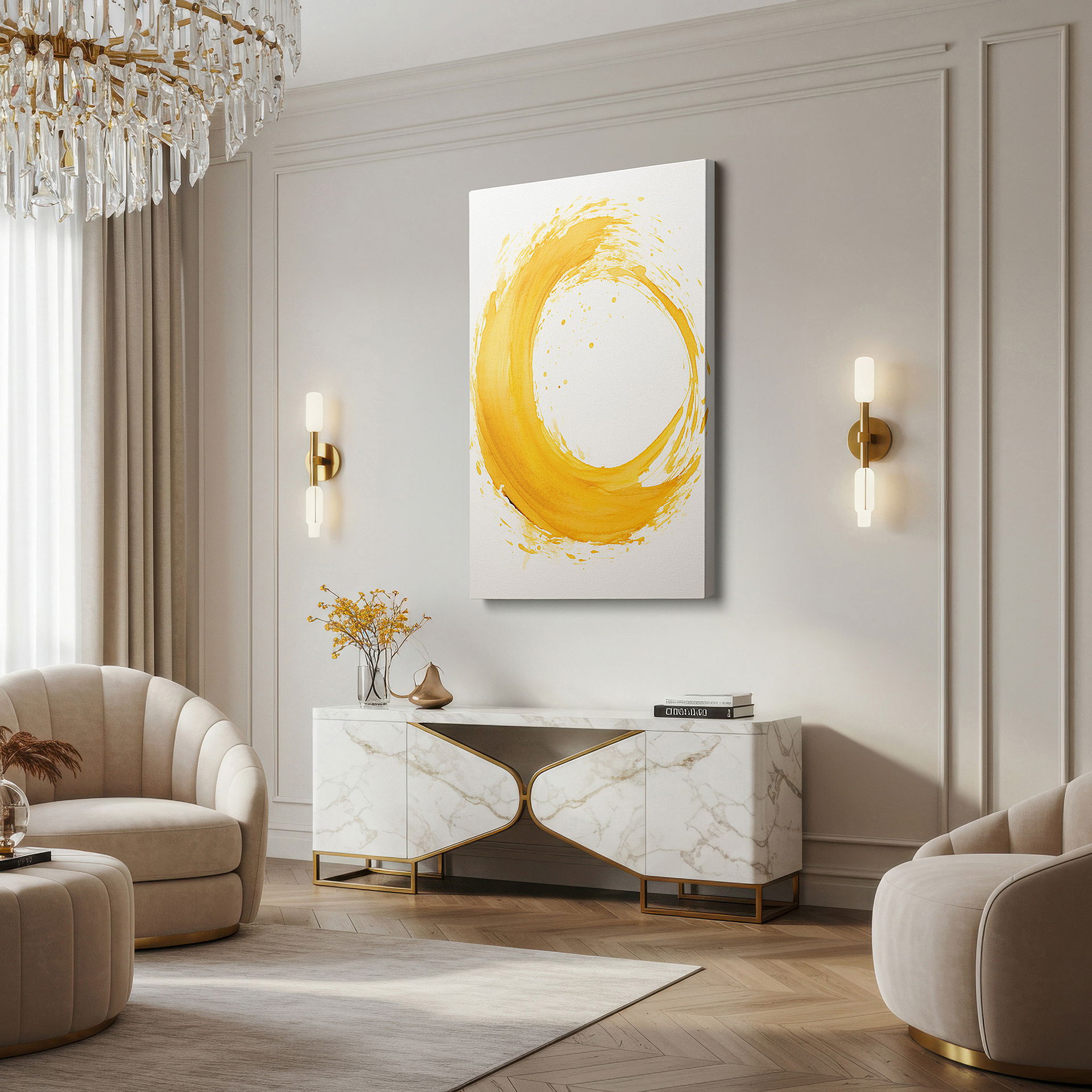 Installation made easy with a centered hook and clean wire mount — golden swirl of energy and creativity: a vibrant beacon of positivity - large canvas wall art for office and bedroom decor