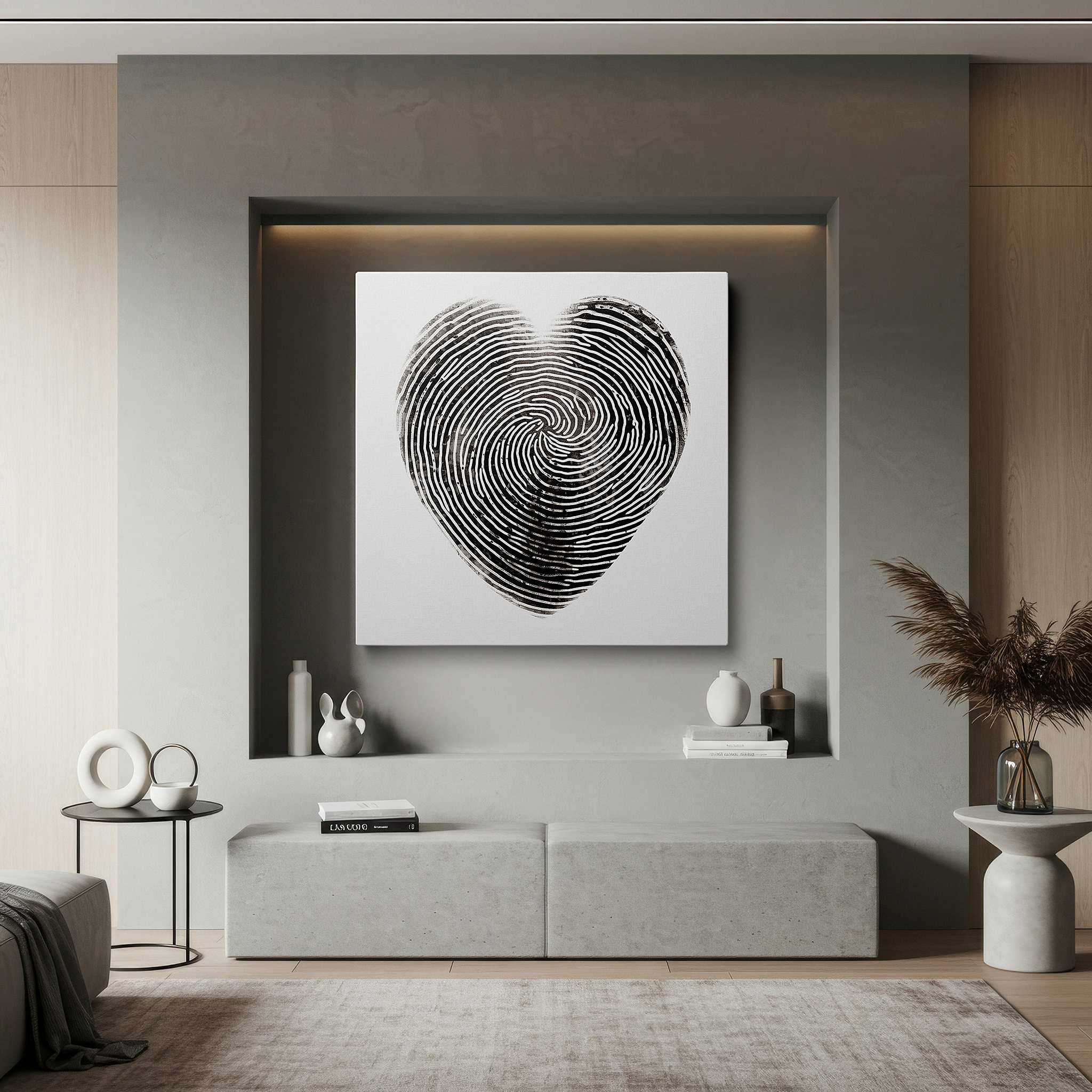 Installation made easy with a centered hook and clean wire mount — heart-shaped fingerprint canvas: symbolizing love, identity, and enduring bonds - large wall art for home and office decor