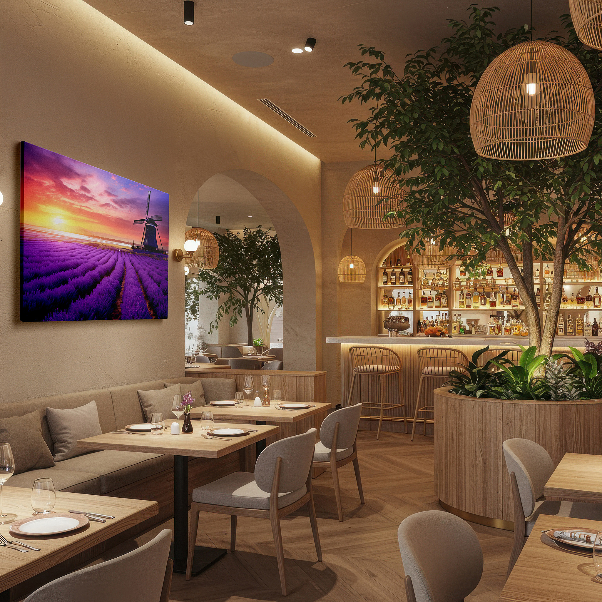 Installation made easy with a centered hook and clean wire mount — lavender fields with rustic windmill at sunset large canvas wall art for office, bedroom, and living room decor