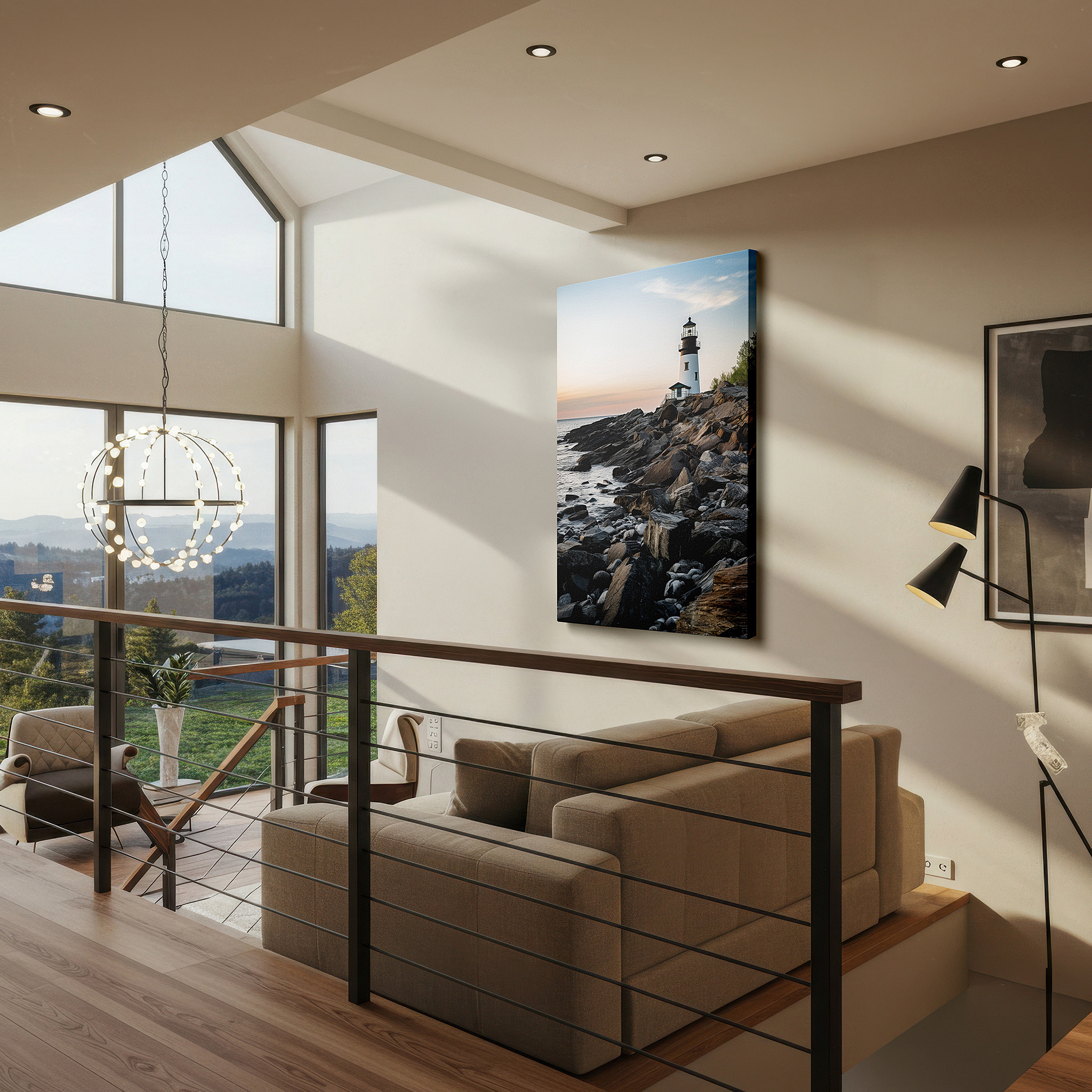 Installation made easy with a centered hook and clean wire mount — lighthouse at sunset wall art: majestic beacon against tranquil coastal hues - large canvas for home and office decor