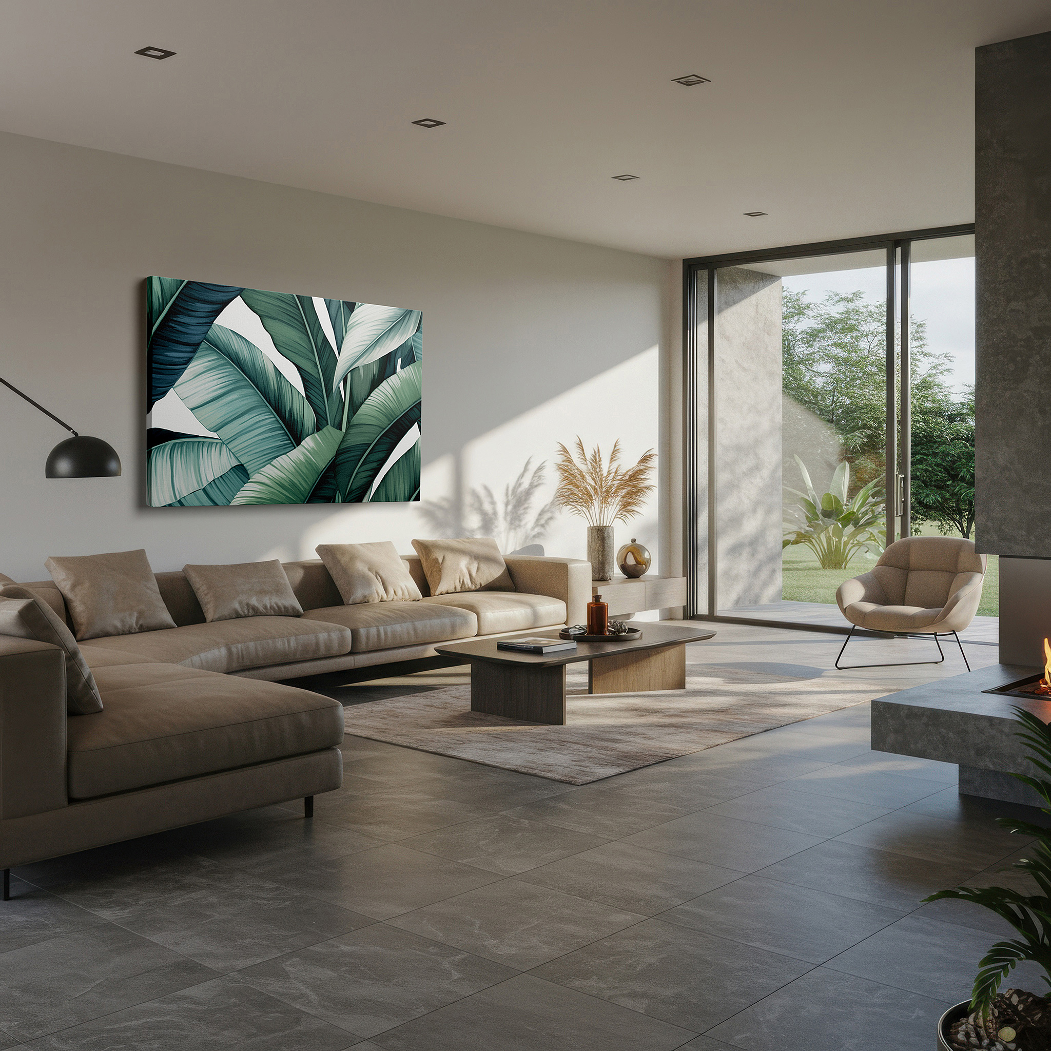 Installation made easy with a centered hook and clean wire mount — lush tropical foliage featuring vibrant greens: a peaceful entrance to nature's serenity - large wall art, canvas wall art, wall decor for offices