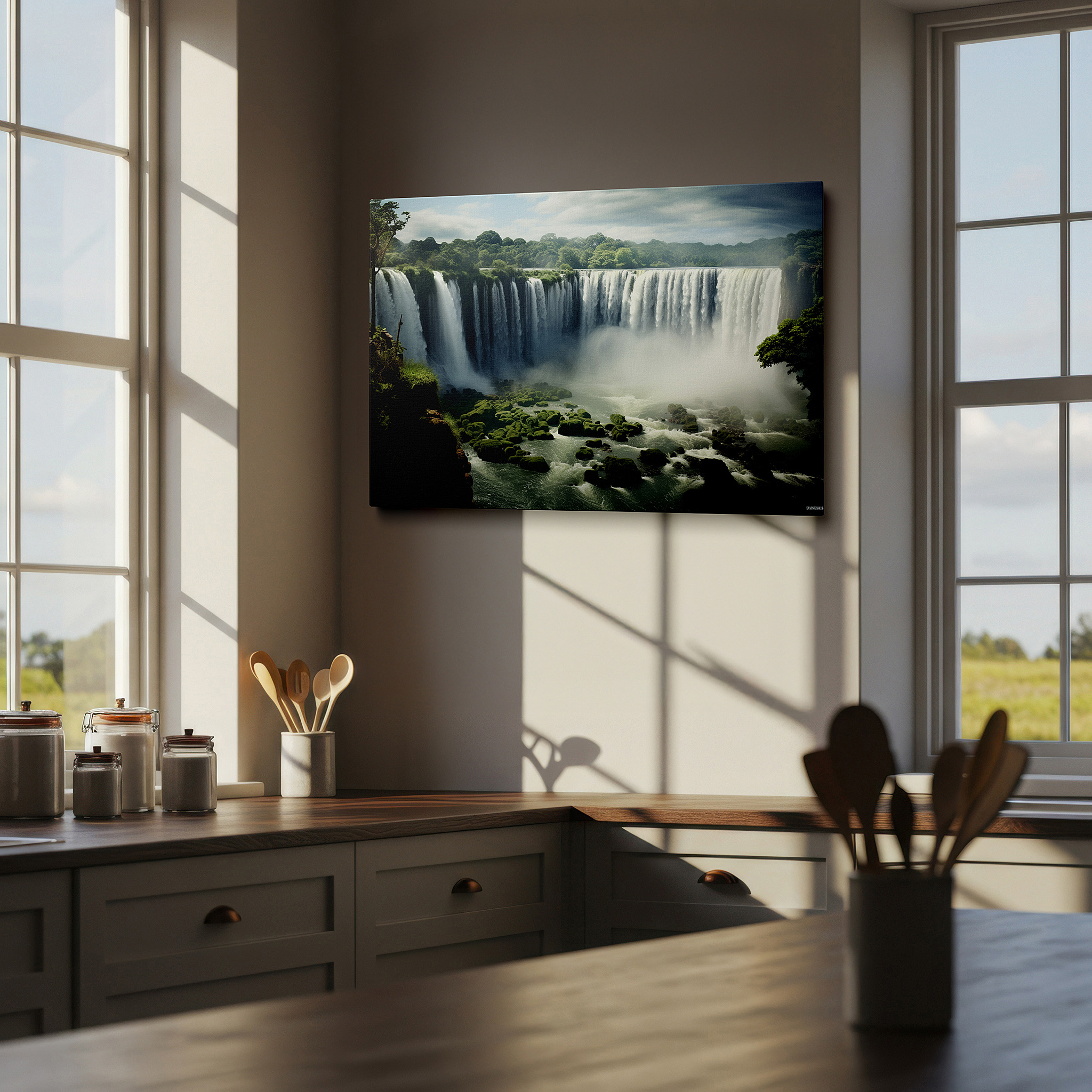 Installation made easy with a centered hook and clean wire mount — moss-covered cliffs and hidden waterfalls: a tranquil symphony of water and greenery large wall art, canvas wall art, wall decor for offices
