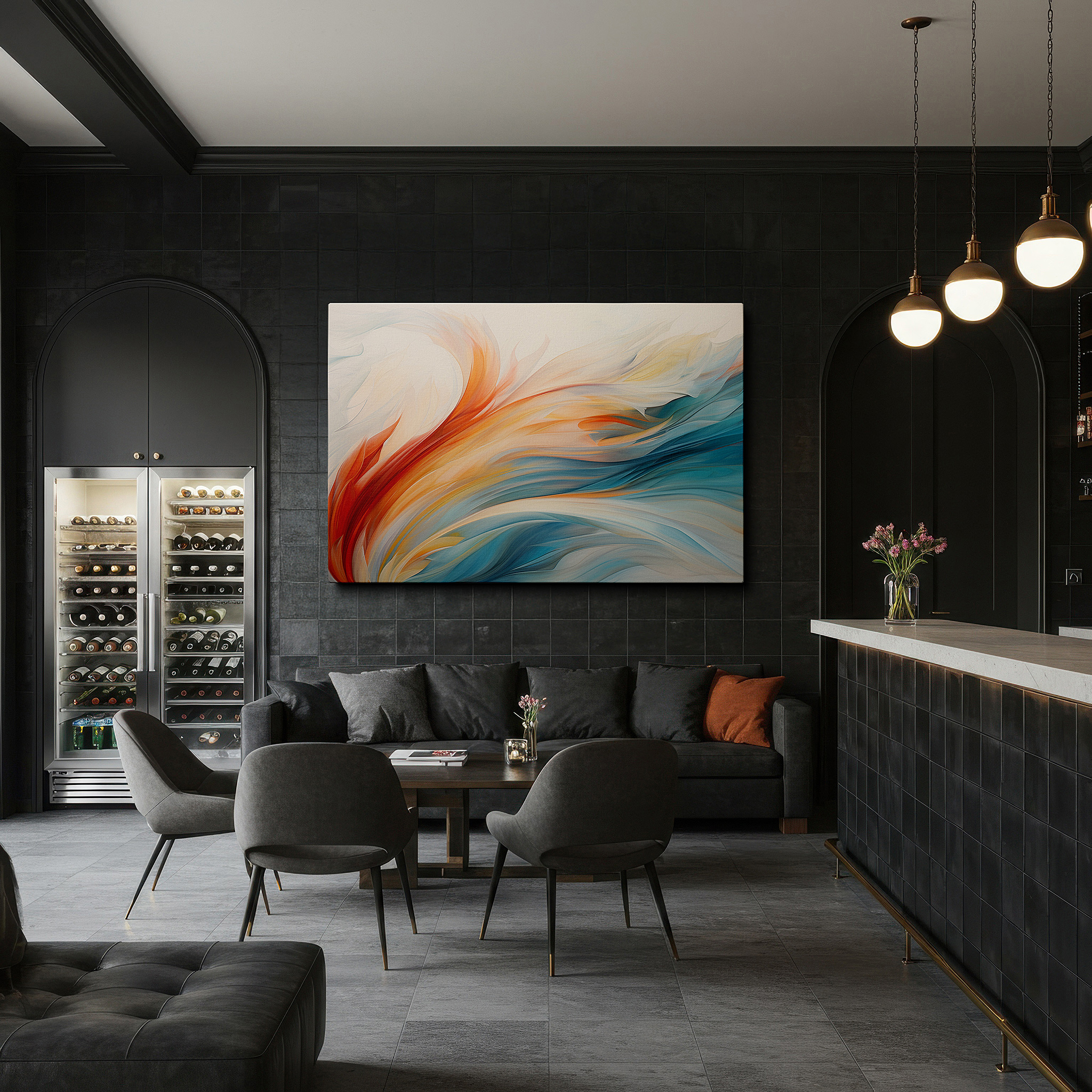 Installation made easy with a centered hook and clean wire mount — orange, blue, and white ethereal waves - tranquil abstract masterpiece for modern spaces: large wall art, canvas wall art, wall decor for offices